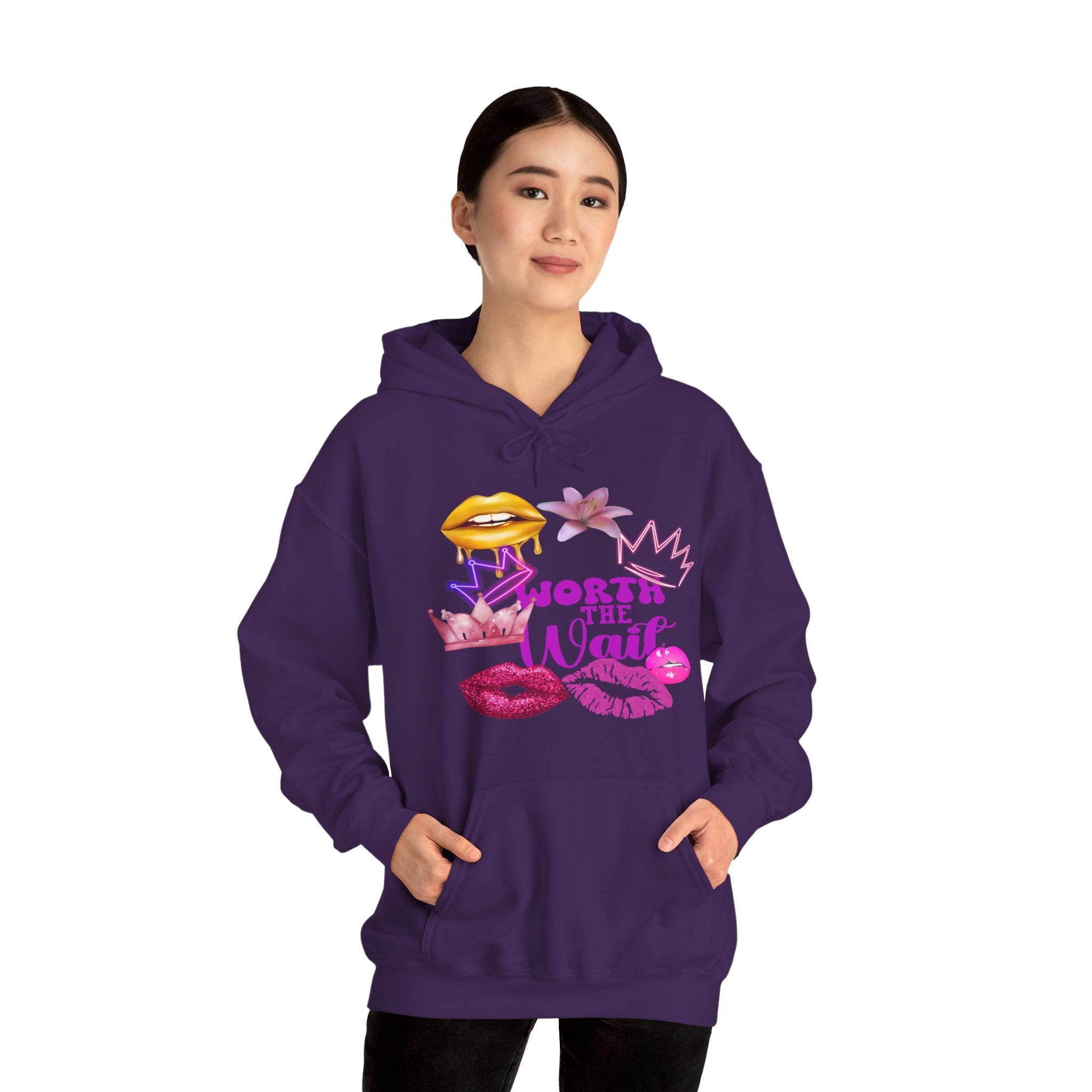 Worth the Wait Hoodie — Feminine Pink Lips & Floral Graphic Sweatshirt