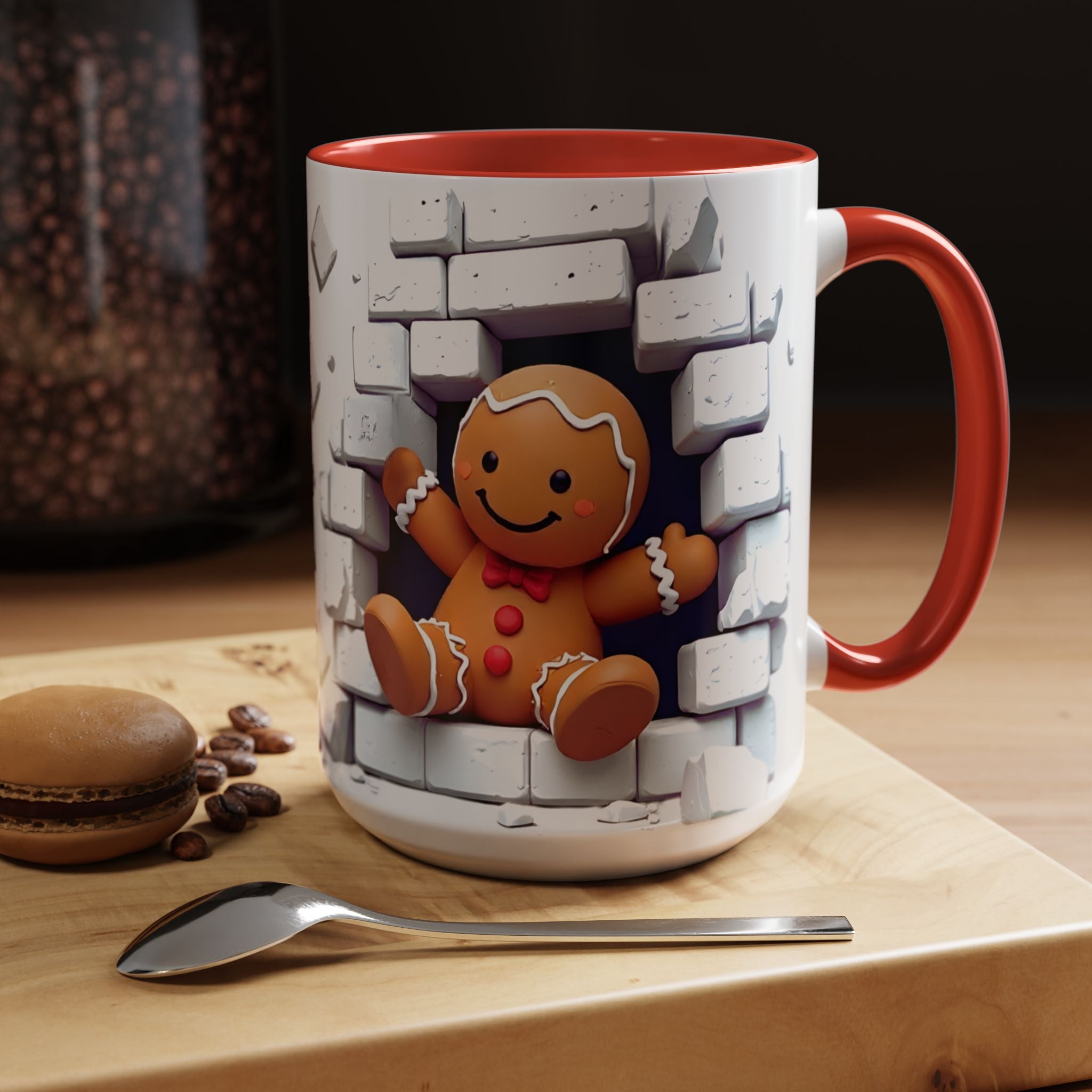 Gingerbread Brick Wall Breaker Mug — Cute Holiday Coffee Cup (15oz)