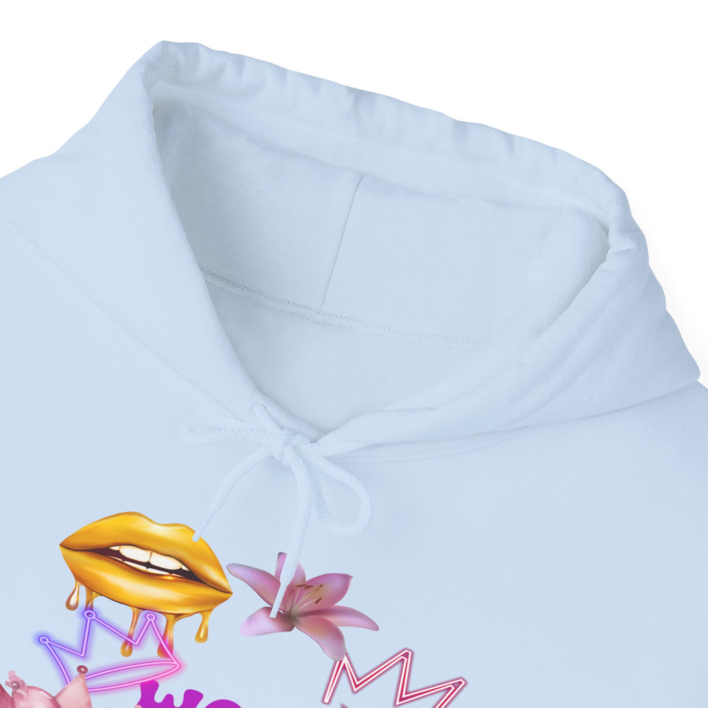 Worth the Wait Hoodie — Feminine Pink Lips & Floral Graphic Sweatshirt