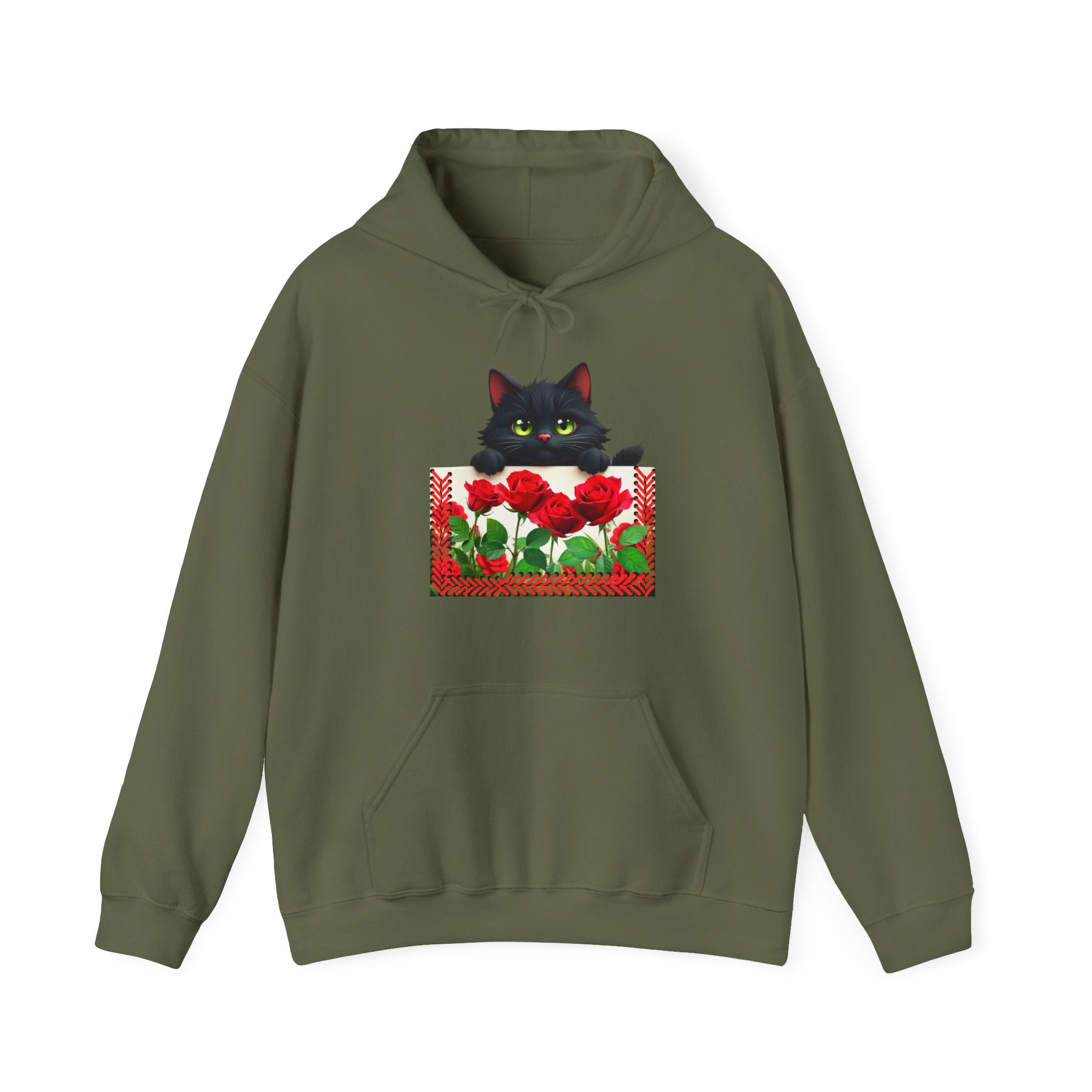 Playful Cat & Roses Hoodie, Fun Design, Cozy Everyday Wear, Gift for Cat Lovers
