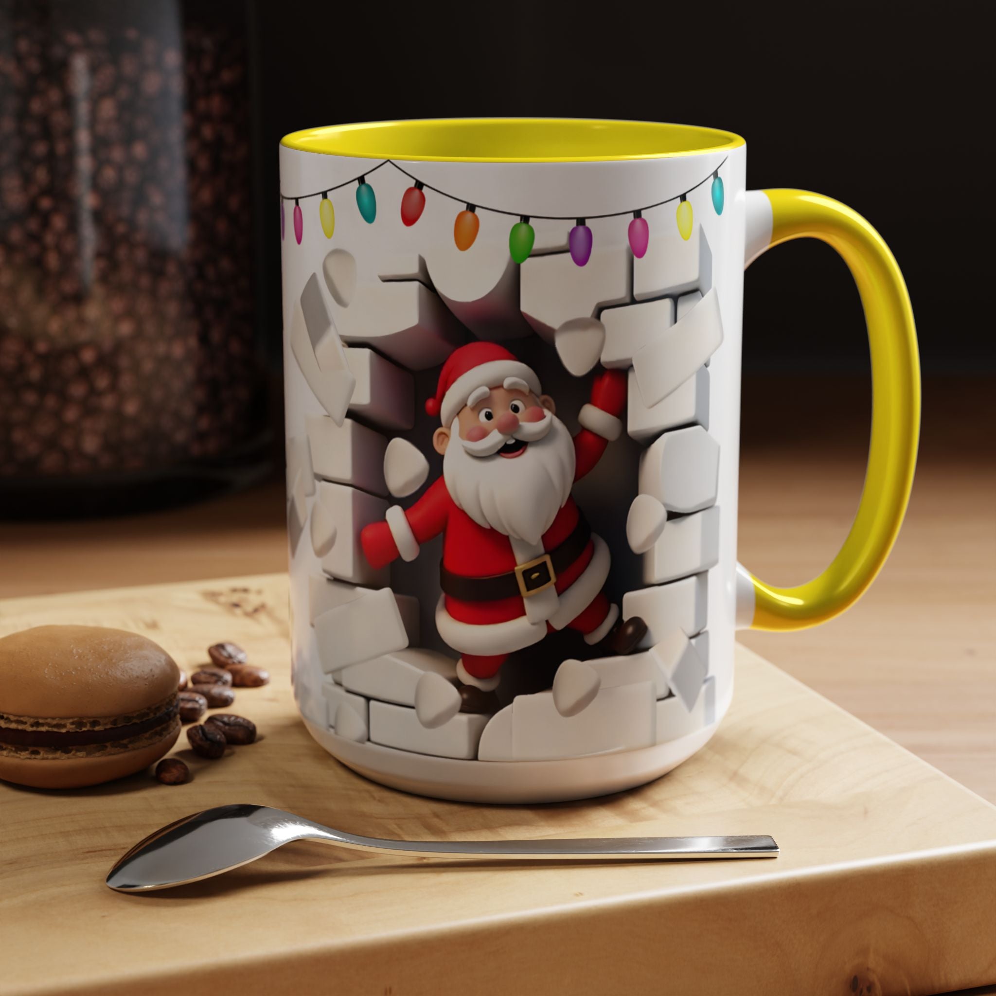 Santa Breaking Through Wall Accent Coffee Mug — Festive Christmas Holiday Gift (15oz)