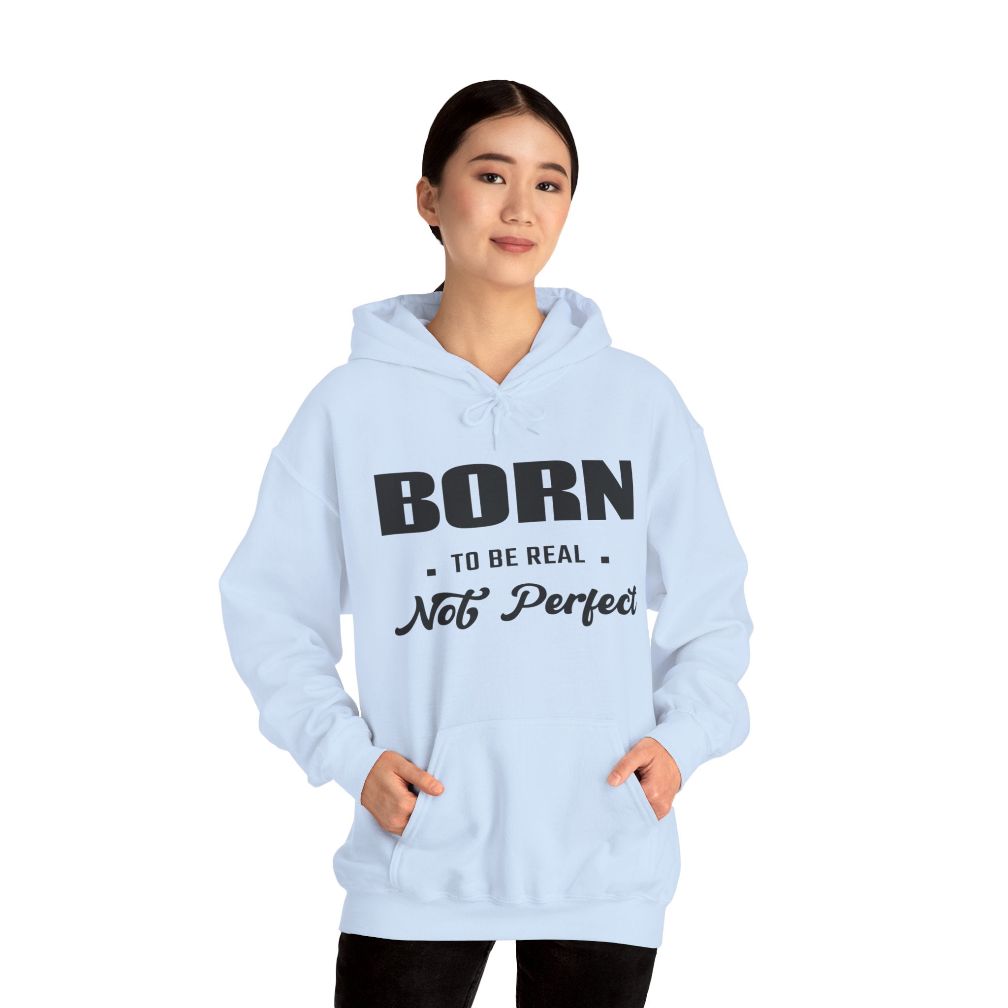 Born Real, Not Perfect, Cozy Unisex Heavy Blend Hooded Sweatshirt – White
