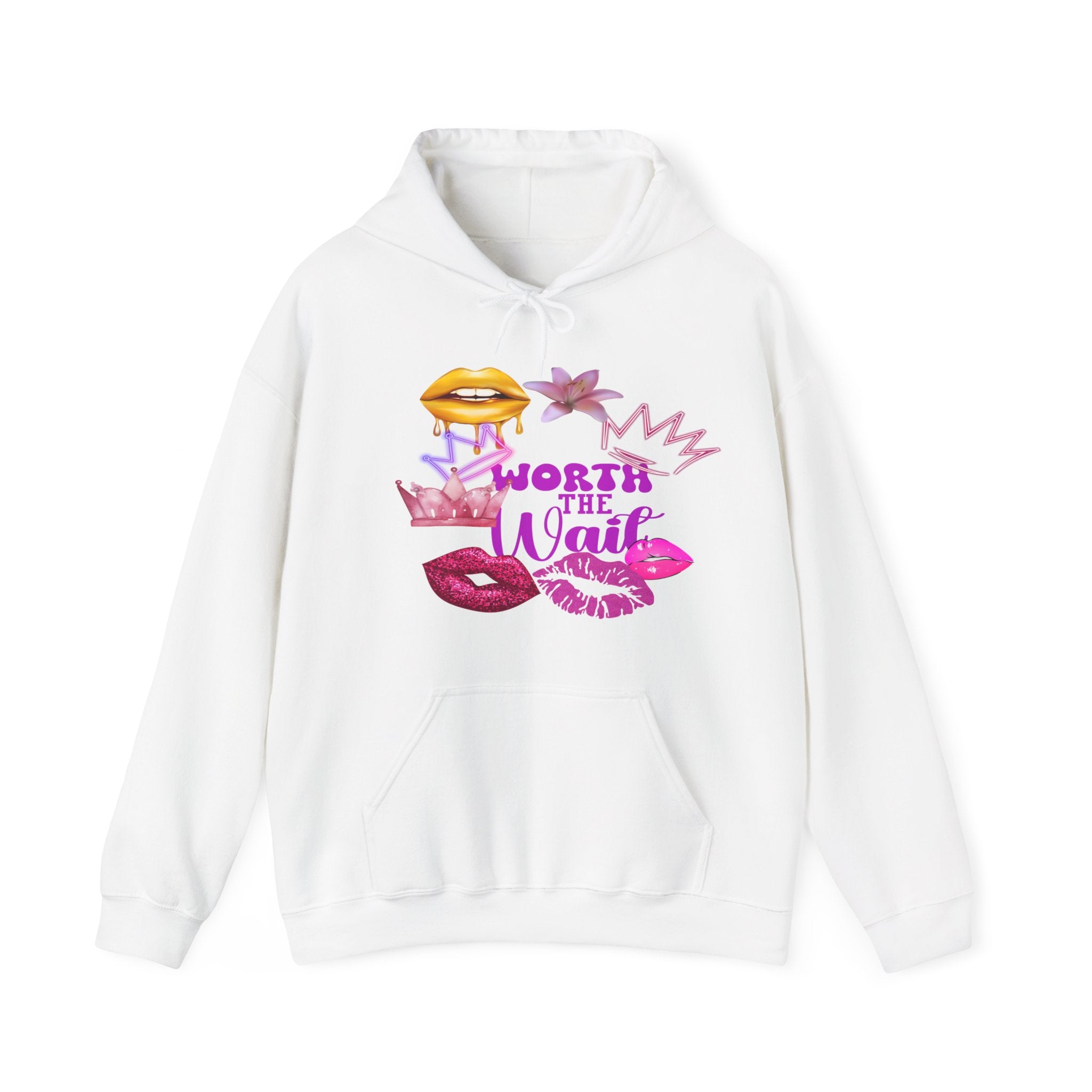 Worth the Wait Hoodie — Feminine Pink Lips & Floral Graphic Sweatshirt