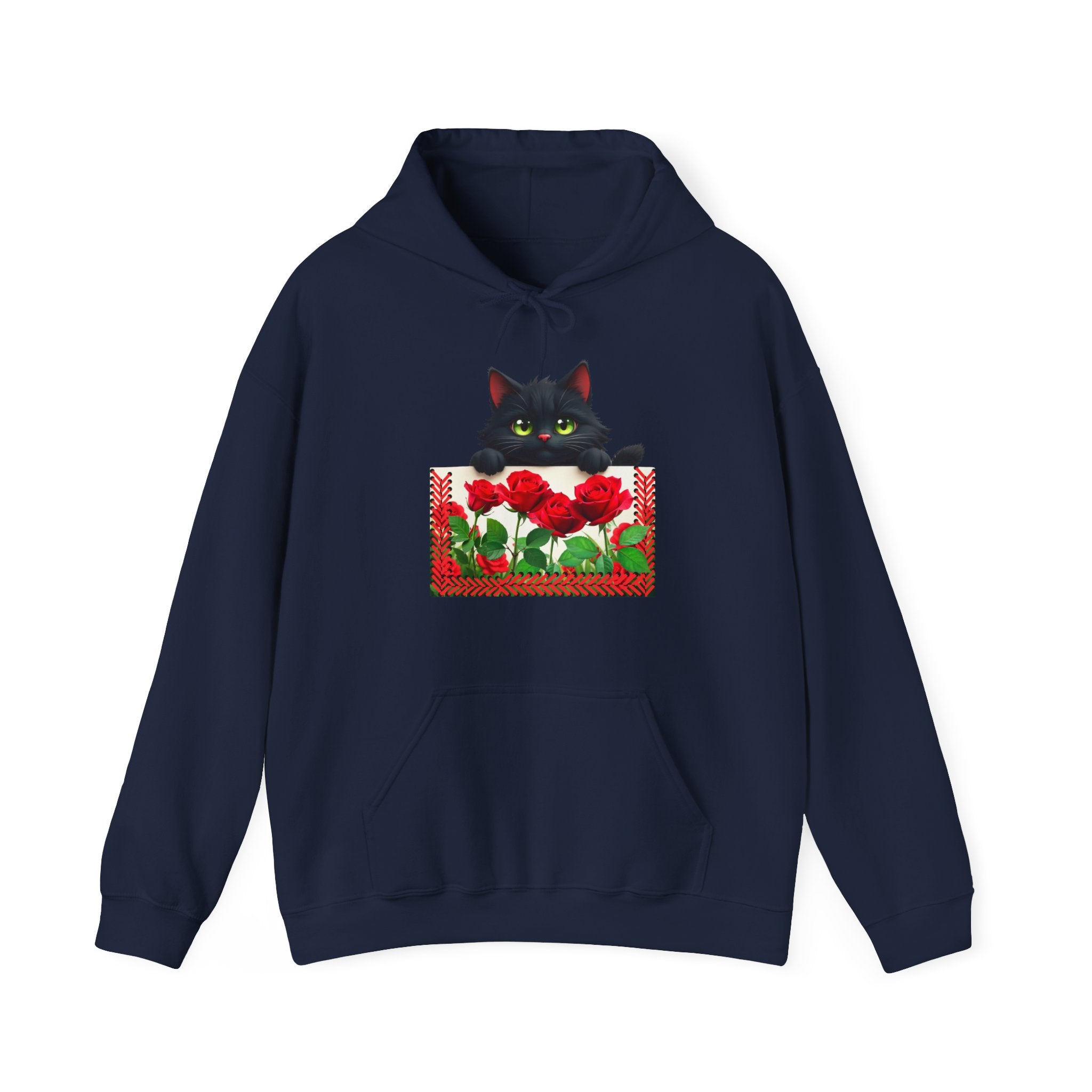 Playful Cat & Roses Hoodie, Fun Design, Cozy Everyday Wear, Gift for Cat Lovers