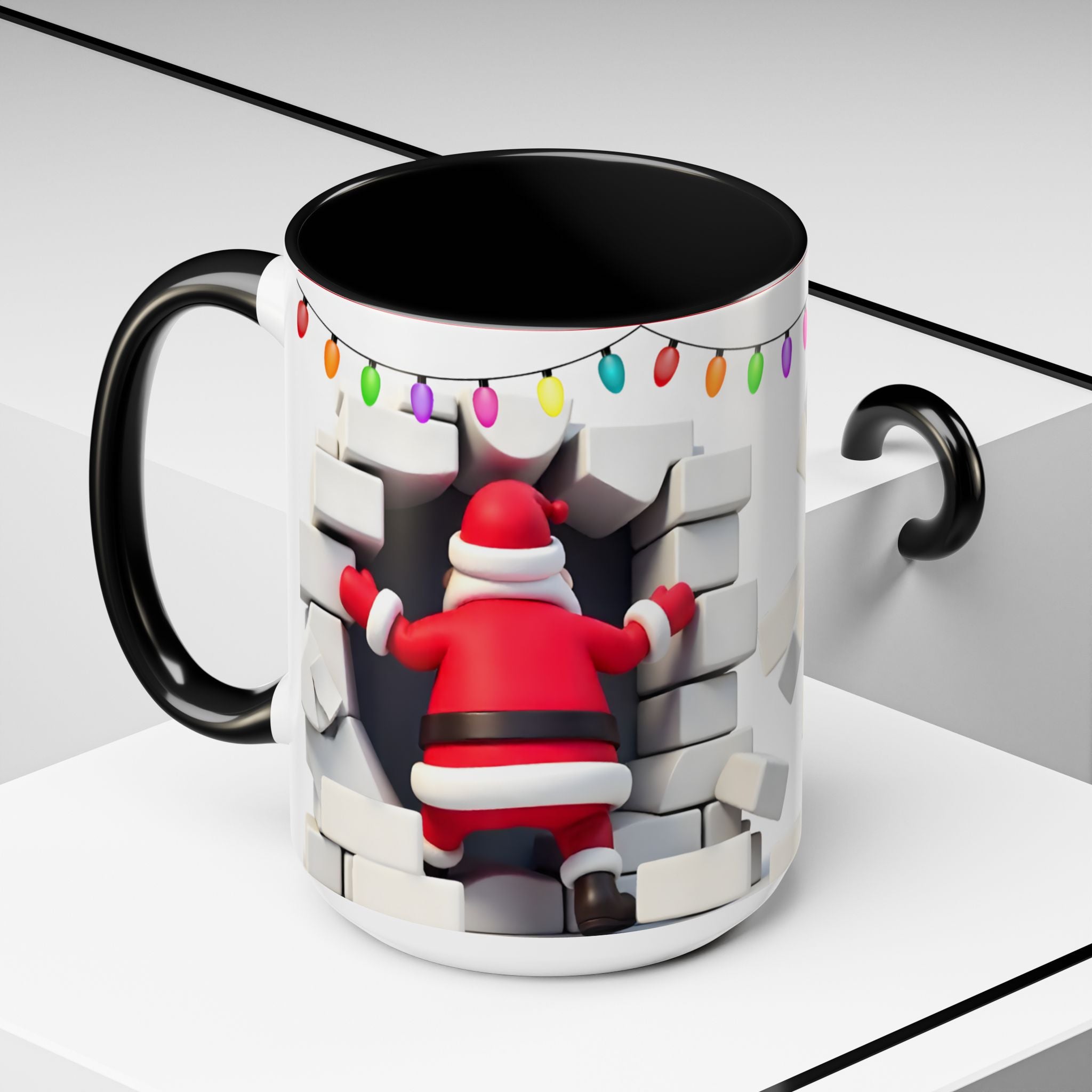 Santa Breaking Through Wall Accent Coffee Mug — Festive Christmas Holiday Gift (15oz)
