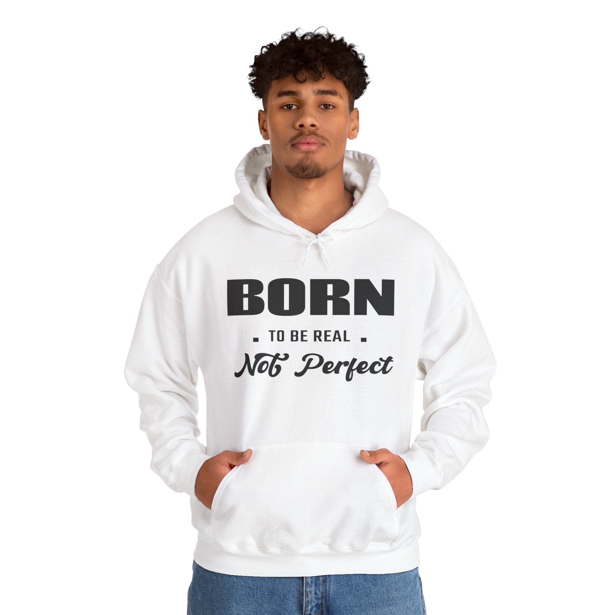 Born Real, Not Perfect, Cozy Unisex Heavy Blend Hooded Sweatshirt – White