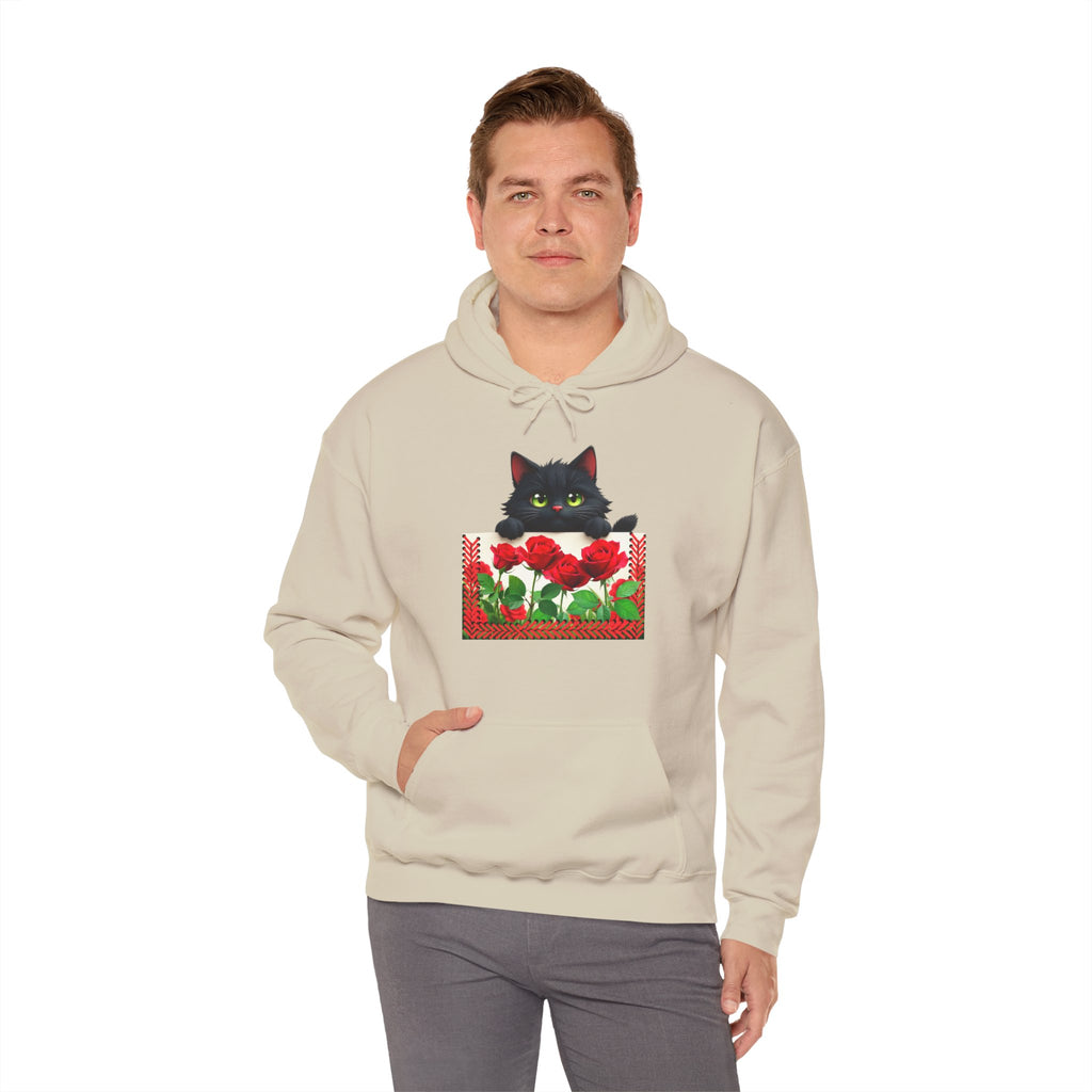 Playful Cat & Roses Hoodie, Fun Design, Cozy Everyday Wear, Gift for Cat Lovers