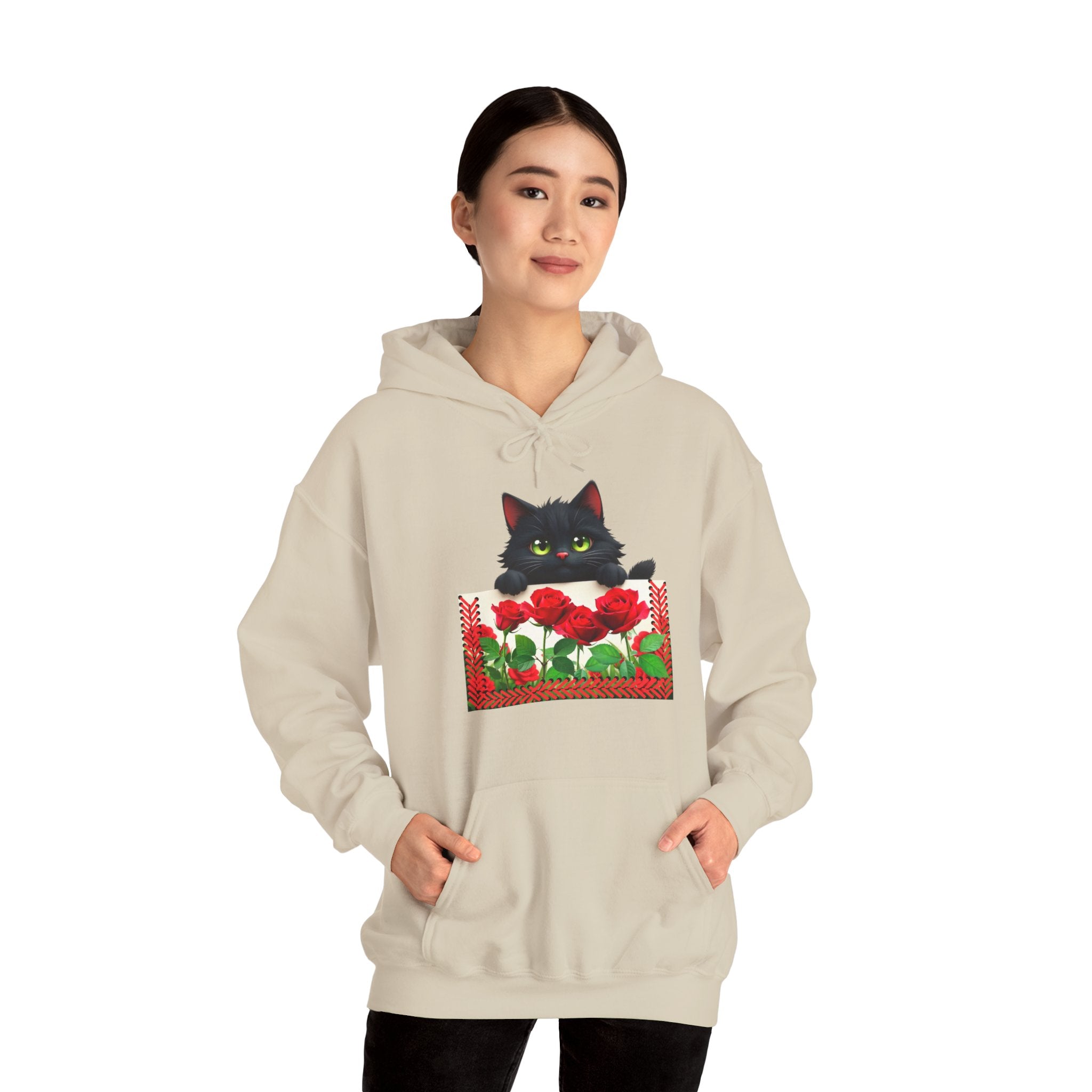 Playful Cat & Roses Hoodie, Fun Design, Cozy Everyday Wear, Gift for Cat Lovers