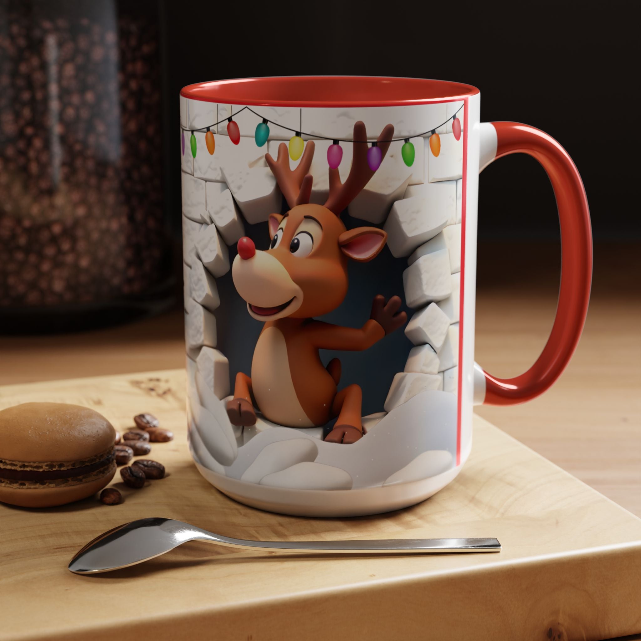 Christmas Reindeer Accent Coffee Mug – Cute Santa Chimney Break, Holiday Lights (15oz)