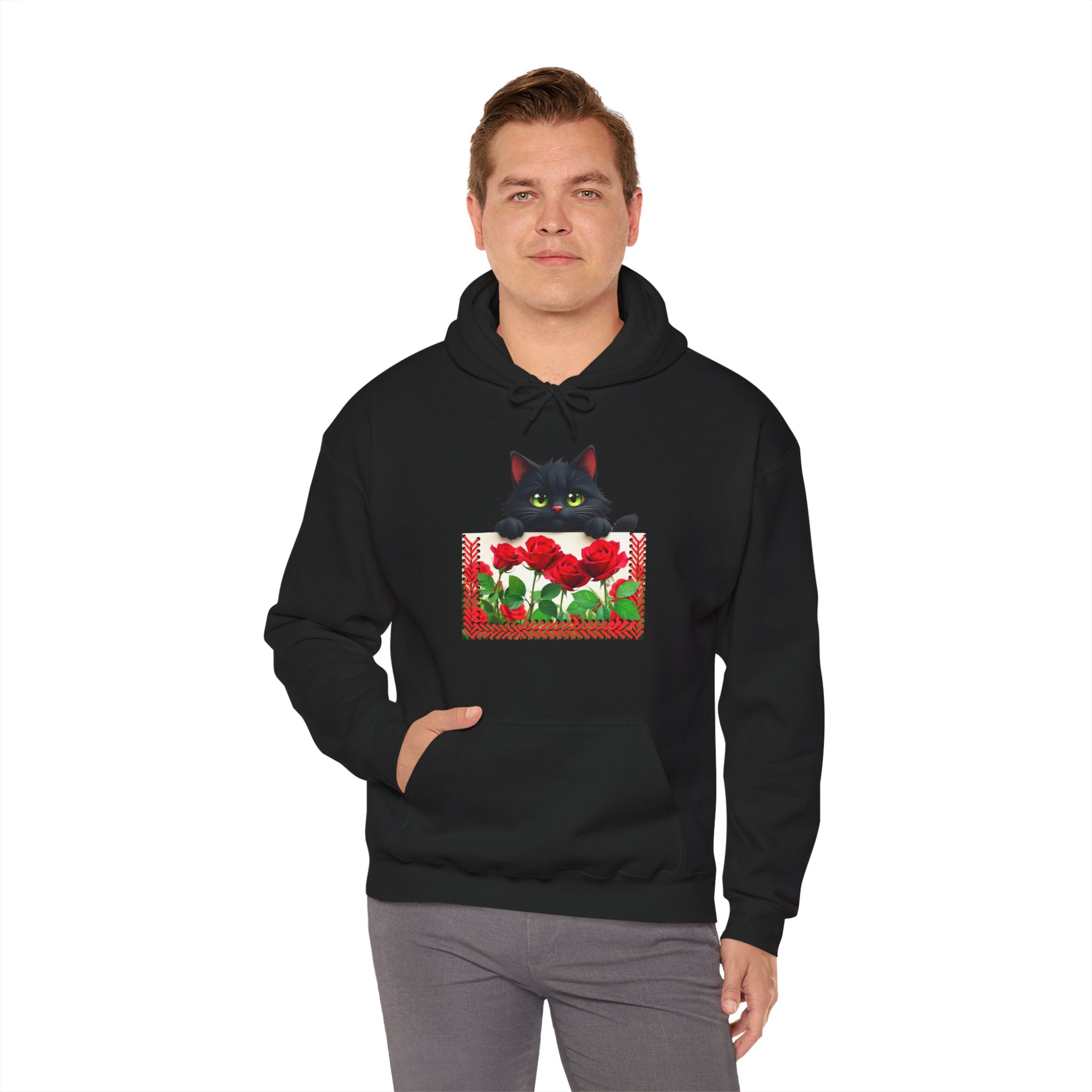 Playful Cat & Roses Hoodie, Fun Design, Cozy Everyday Wear, Gift for Cat Lovers