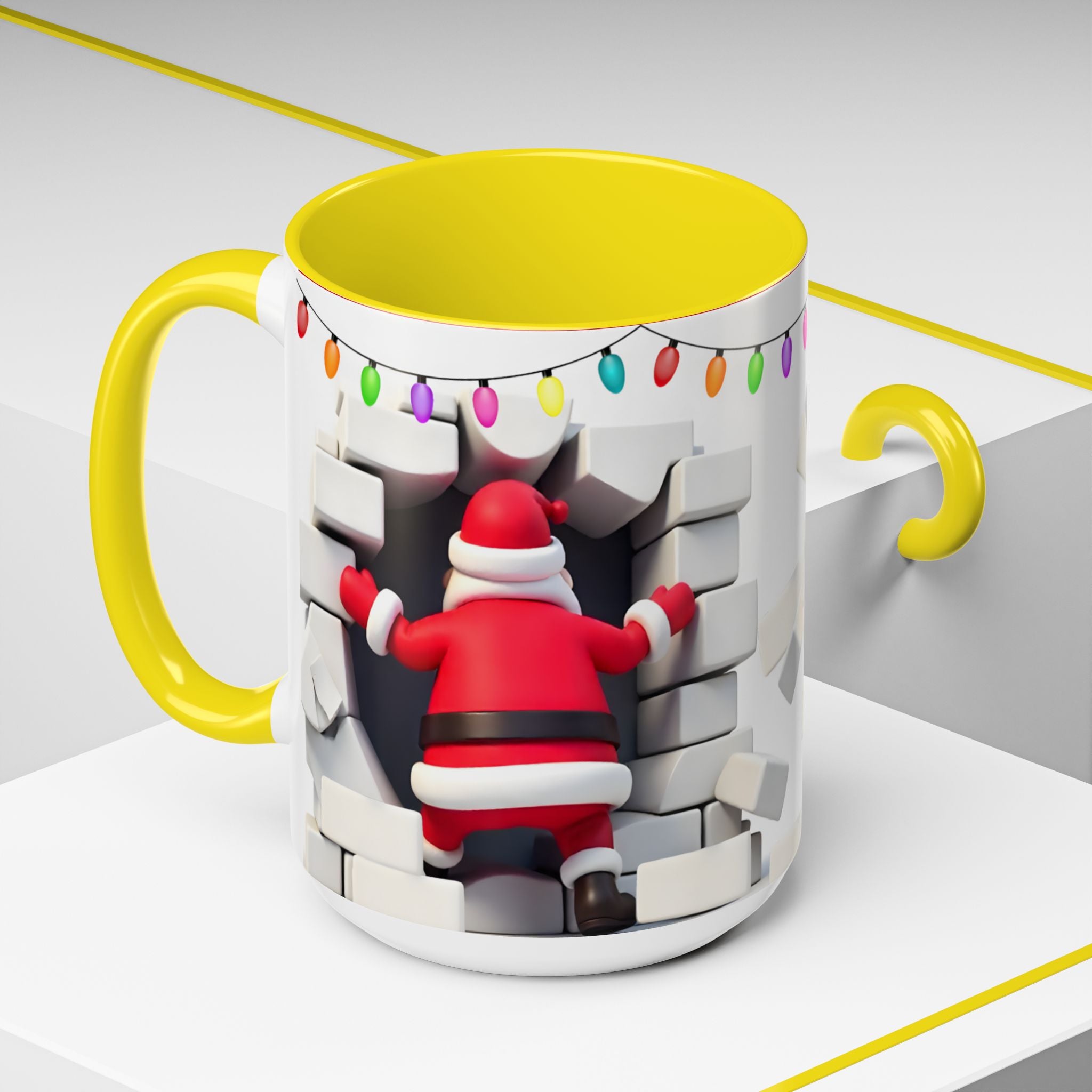 Santa Breaking Through Wall Accent Coffee Mug — Festive Christmas Holiday Gift (15oz)