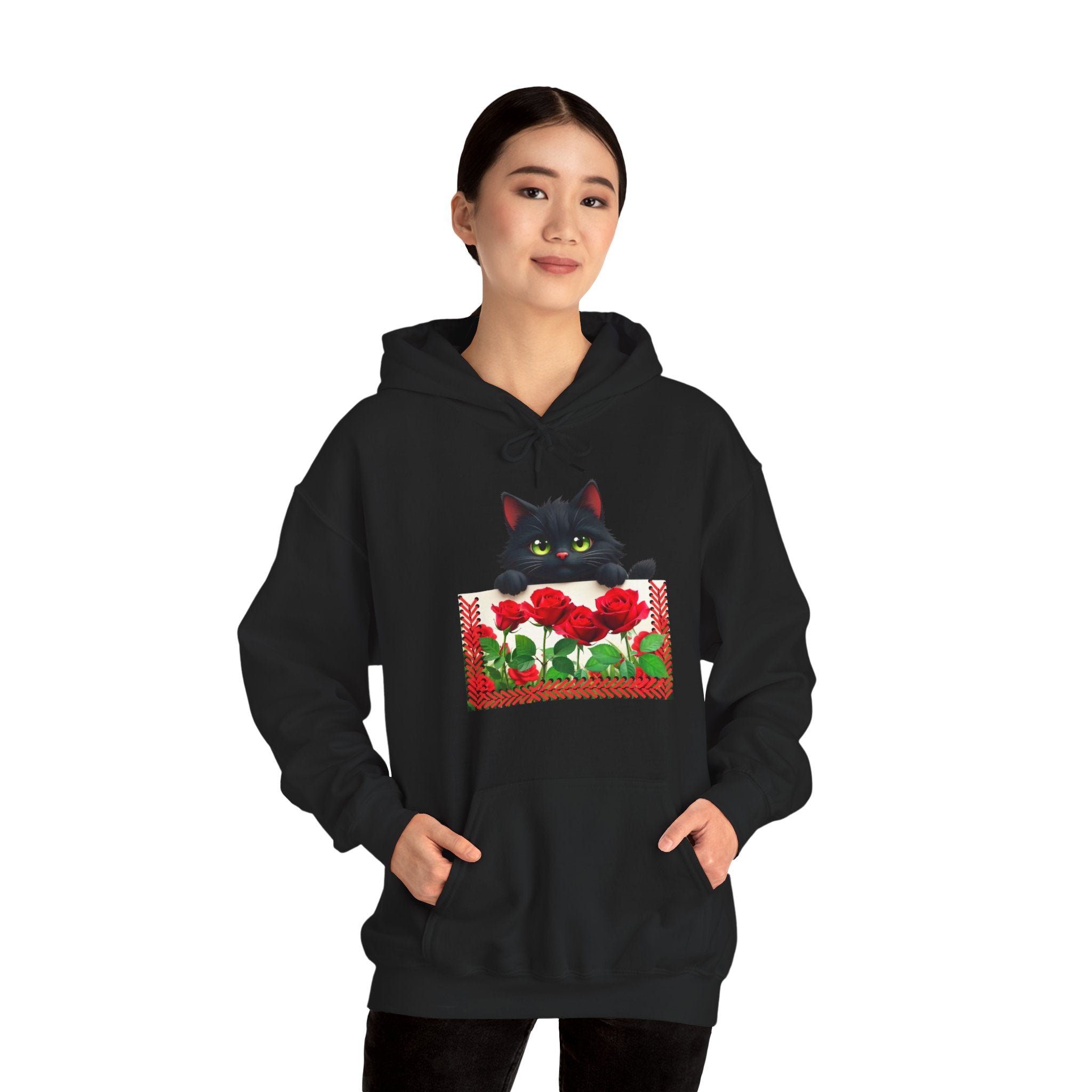 Playful Cat & Roses Hoodie, Fun Design, Cozy Everyday Wear, Gift for Cat Lovers