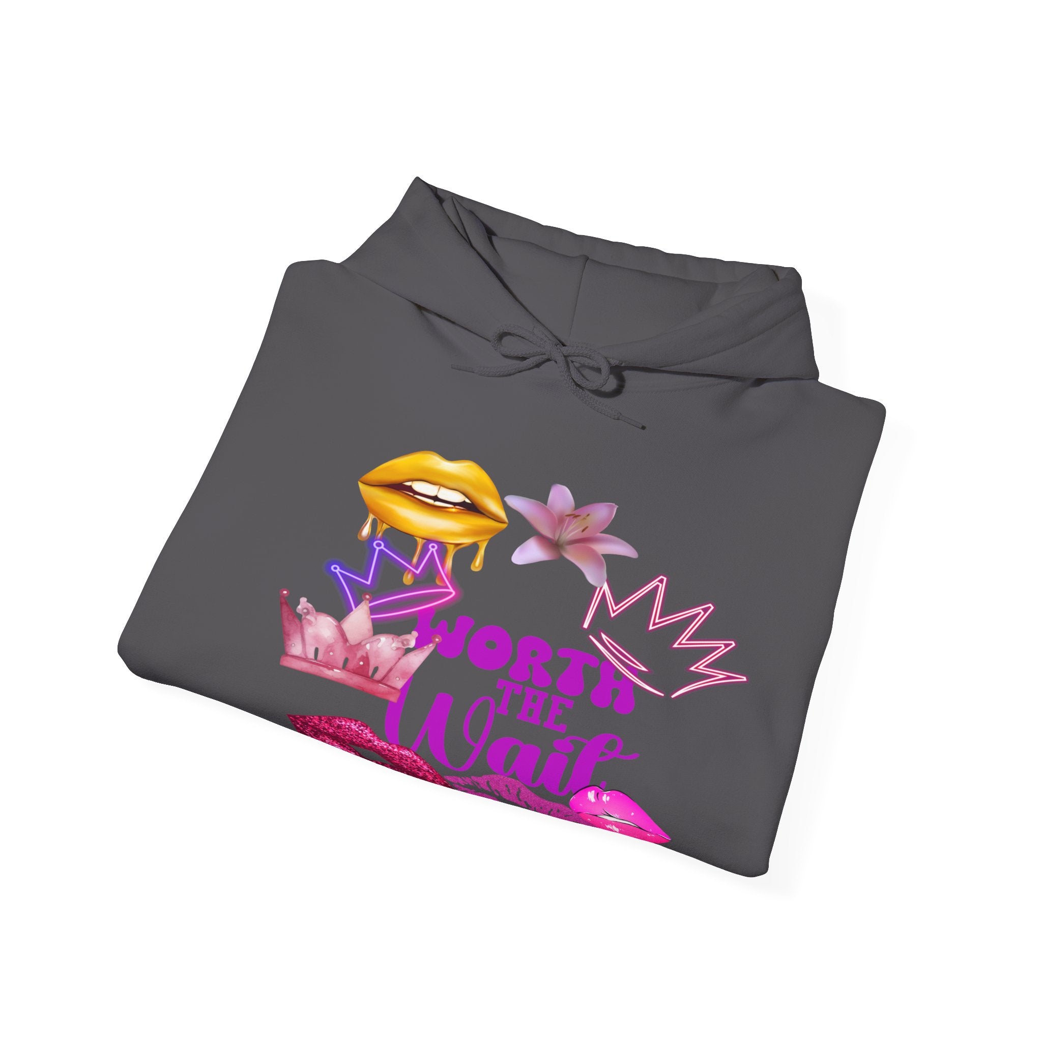 Worth the Wait Hoodie — Feminine Pink Lips & Floral Graphic Sweatshirt