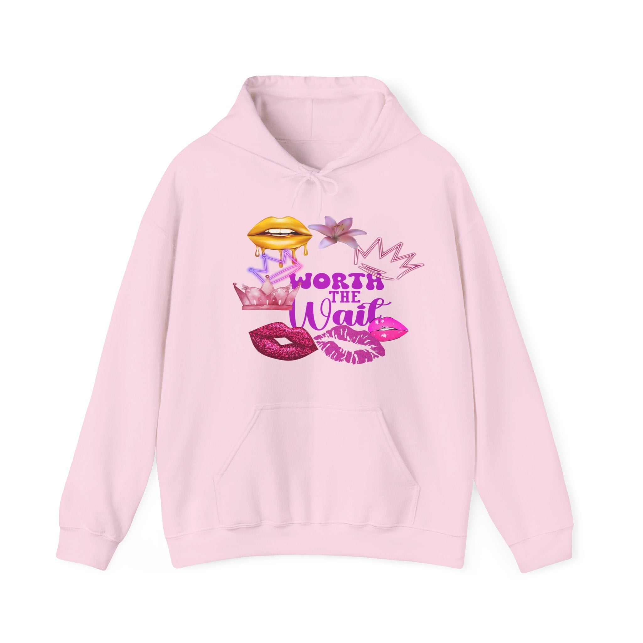 Worth the Wait Hoodie — Feminine Pink Lips & Floral Graphic Sweatshirt
