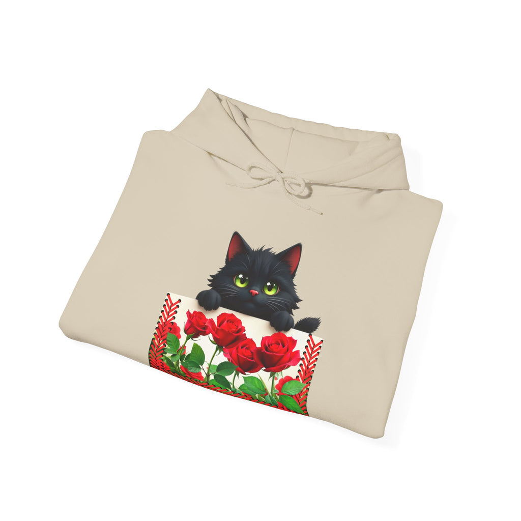 Playful Cat & Roses Hoodie, Fun Design, Cozy Everyday Wear, Gift for Cat Lovers