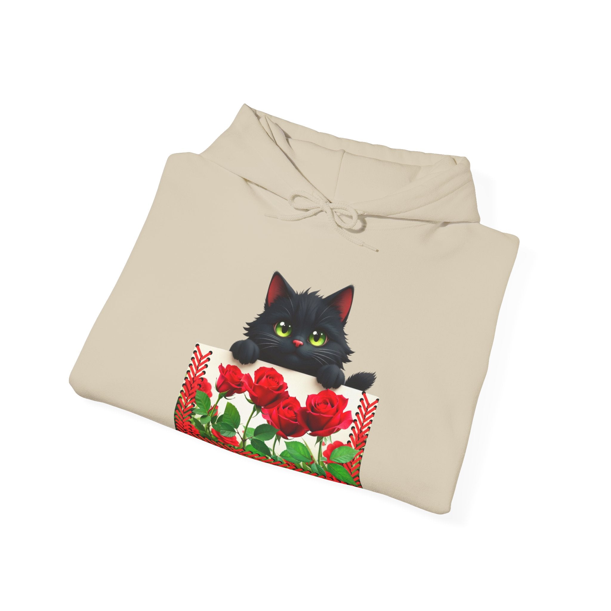 Playful Cat & Roses Hoodie, Fun Design, Cozy Everyday Wear, Gift for Cat Lovers
