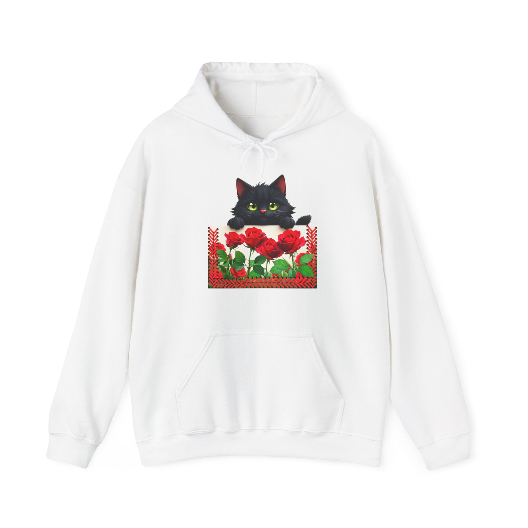 Playful Cat & Roses Hoodie, Fun Design, Cozy Everyday Wear, Gift for Cat Lovers