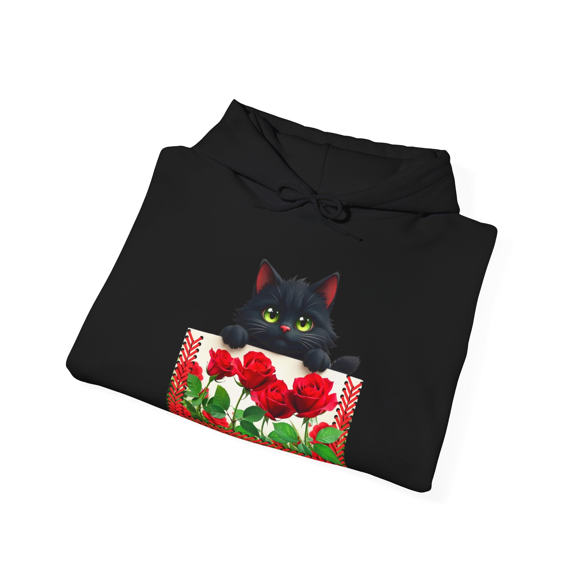 Playful Cat & Roses Hoodie, Fun Design, Cozy Everyday Wear, Gift for Cat Lovers