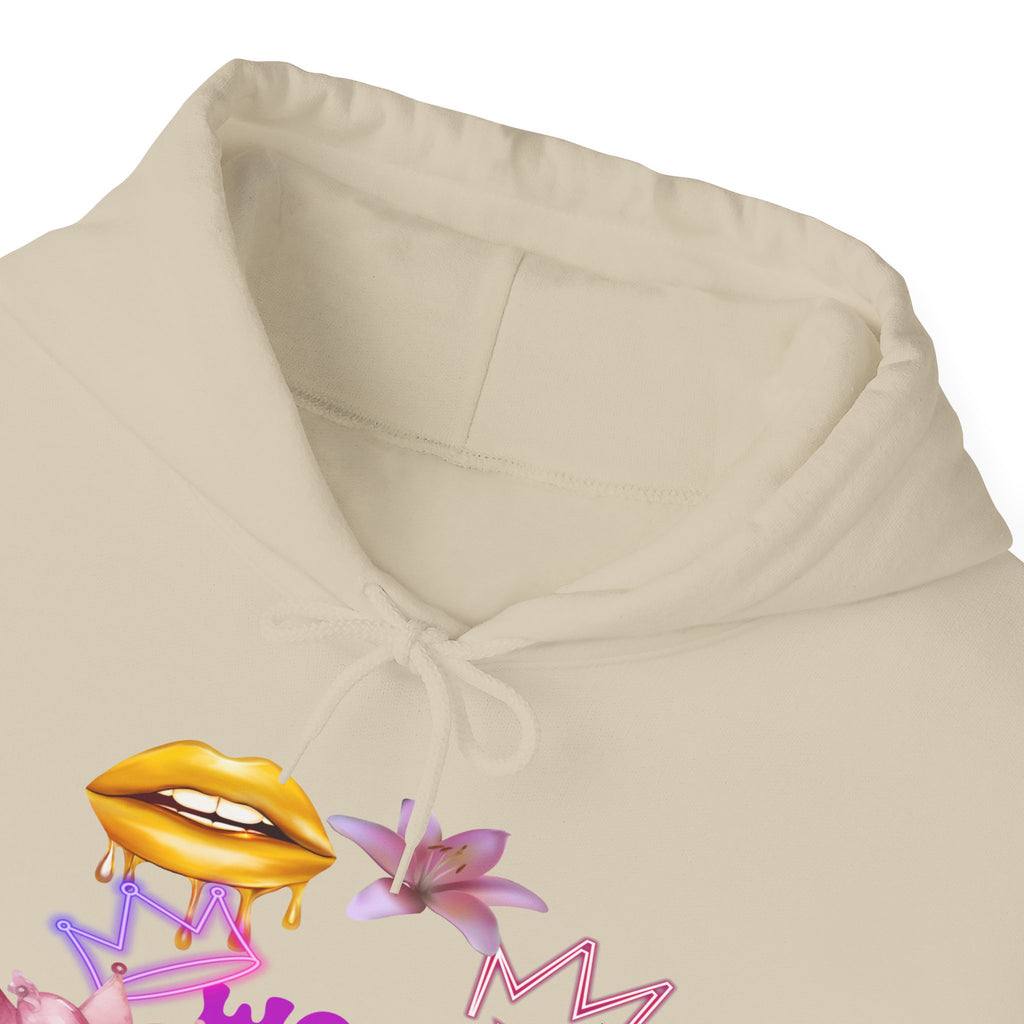 Worth the Wait Hoodie — Feminine Pink Lips & Floral Graphic Sweatshirt