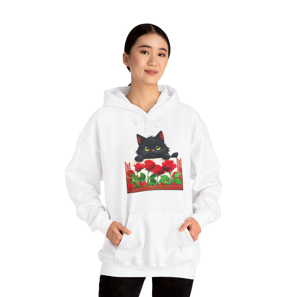 Playful Cat & Roses Hoodie, Fun Design, Cozy Everyday Wear, Gift for Cat Lovers