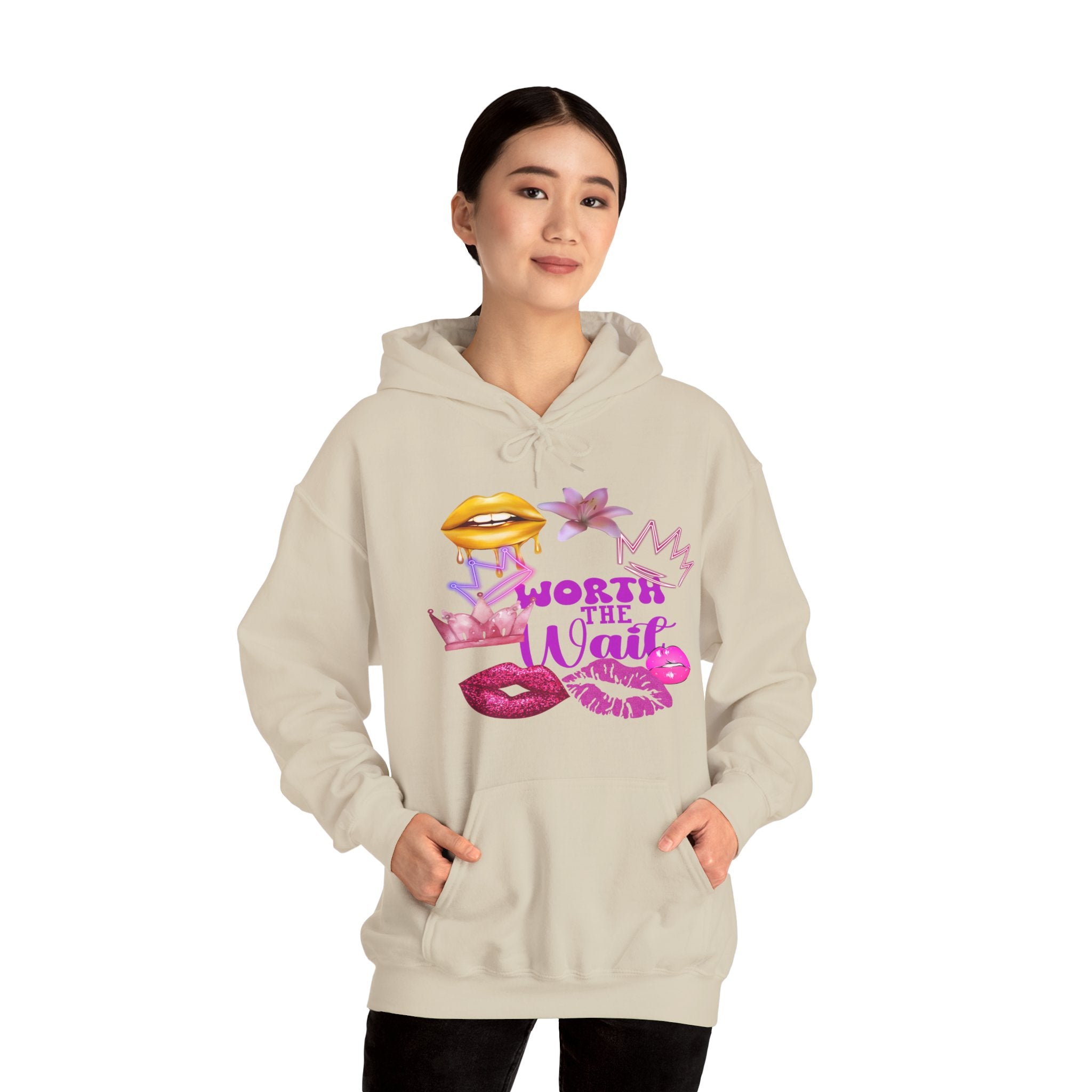 Worth the Wait Hoodie — Feminine Pink Lips & Floral Graphic Sweatshirt