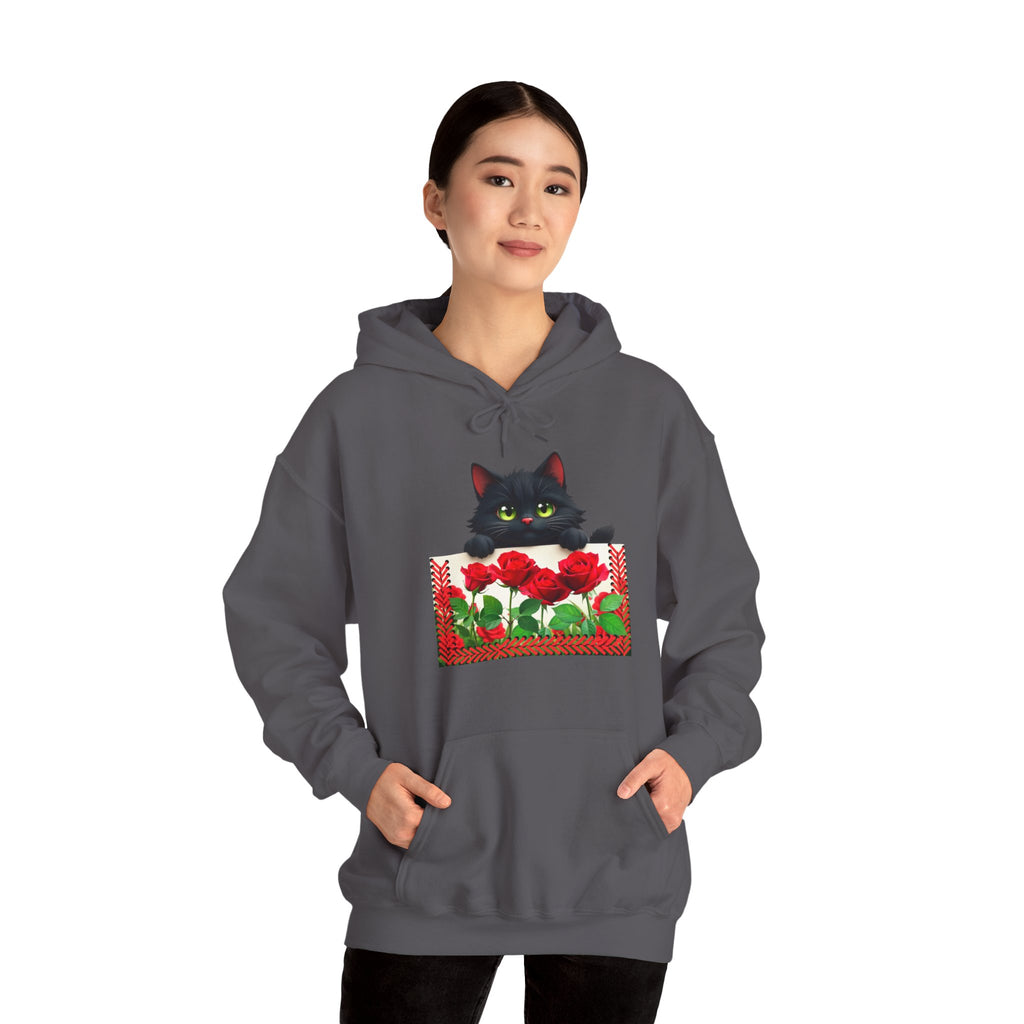 Playful Cat & Roses Hoodie, Fun Design, Cozy Everyday Wear, Gift for Cat Lovers