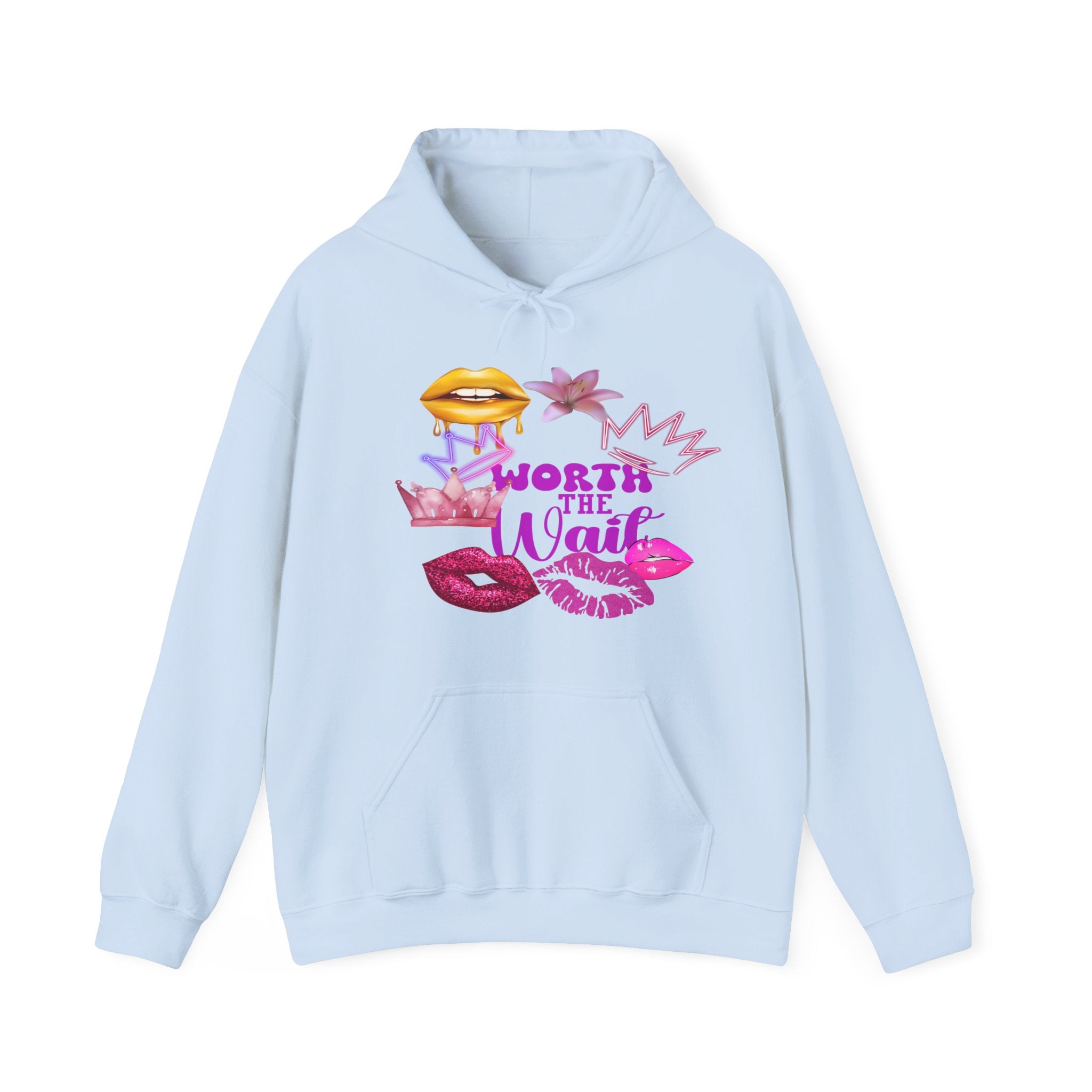 Worth the Wait Hoodie — Feminine Pink Lips & Floral Graphic Sweatshirt