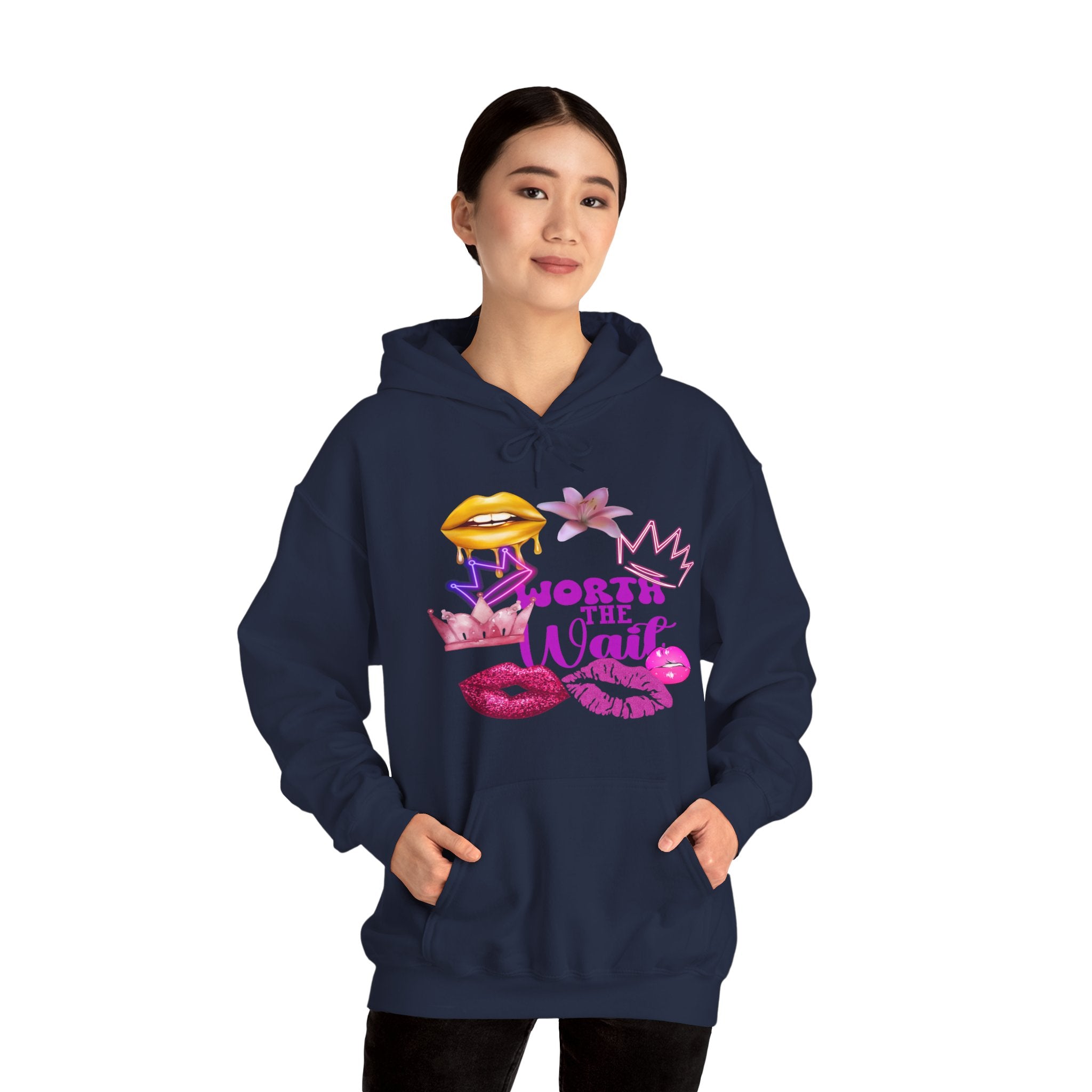 Worth the Wait Hoodie — Feminine Pink Lips & Floral Graphic Sweatshirt