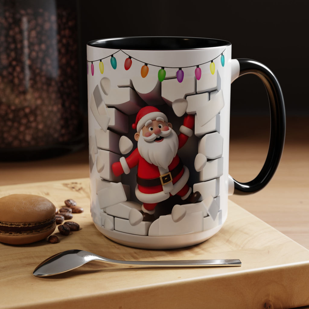 Santa Breaking Through Wall Accent Coffee Mug — Festive Christmas Holiday Gift (15oz)
