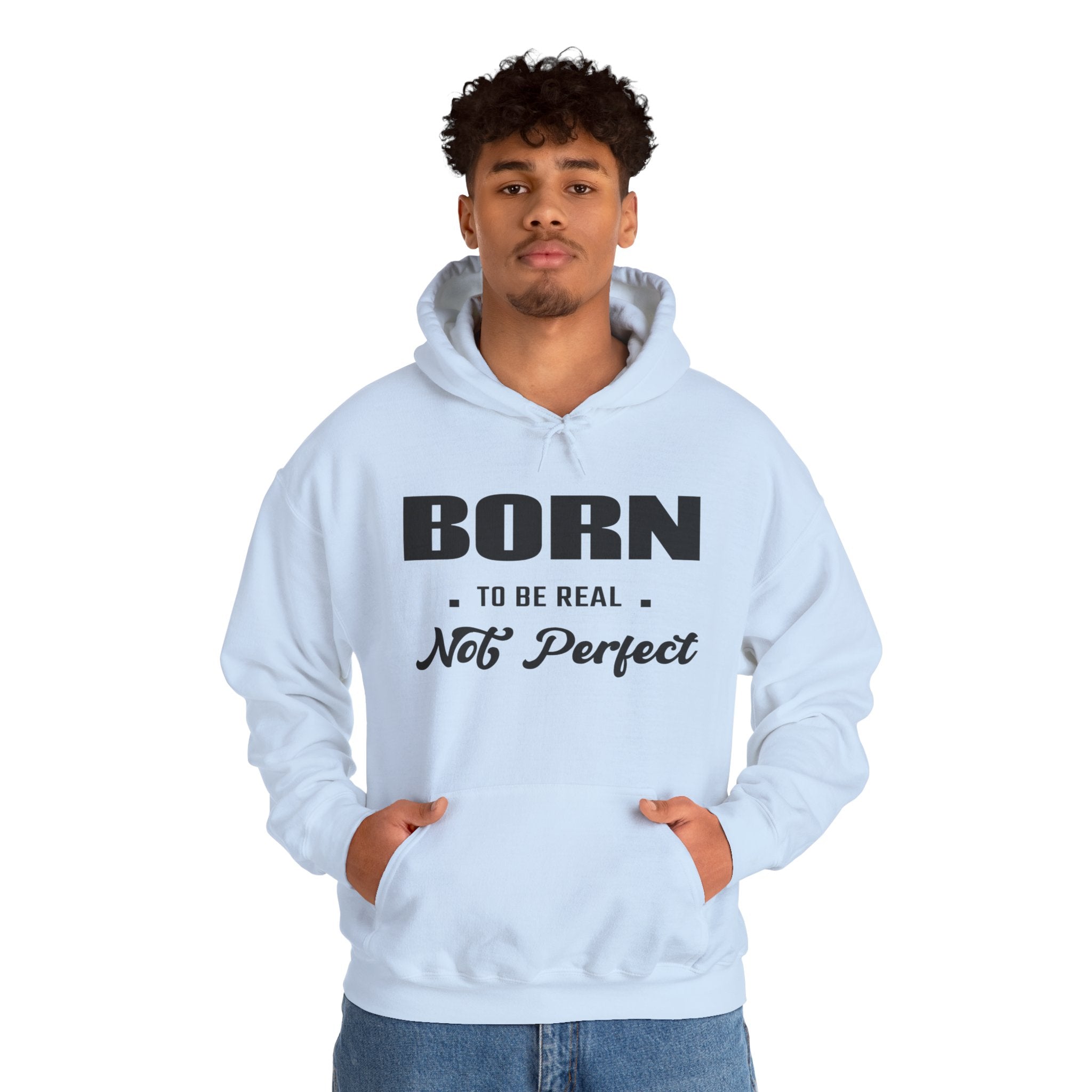 Born Real, Not Perfect, Cozy Unisex Heavy Blend Hooded Sweatshirt – White