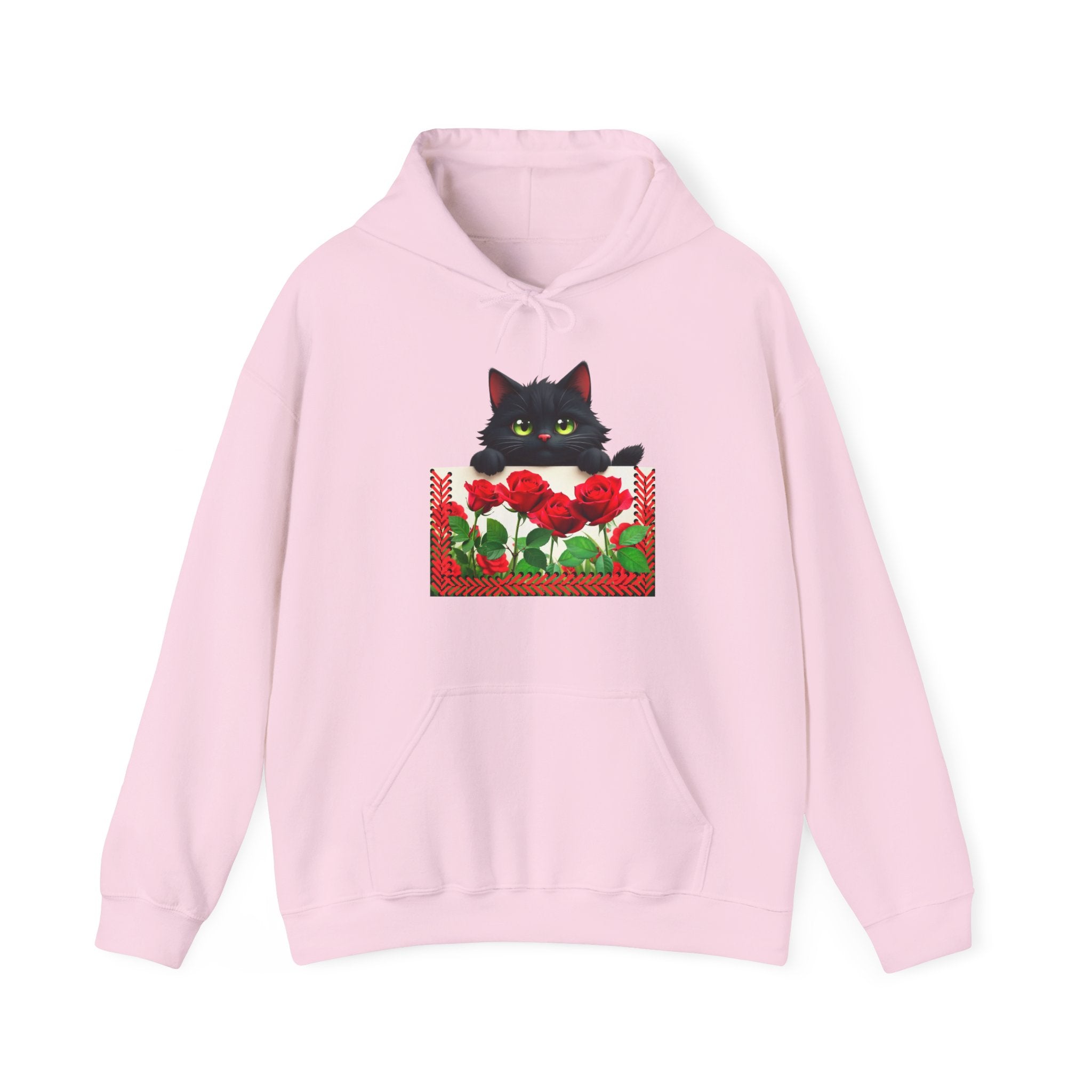 Playful Cat & Roses Hoodie, Fun Design, Cozy Everyday Wear, Gift for Cat Lovers