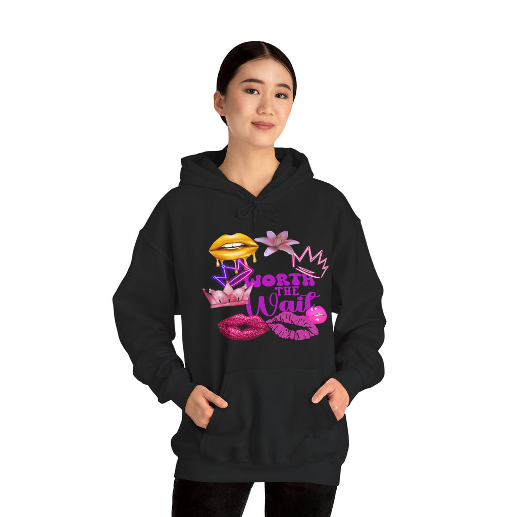 Worth the Wait Hoodie — Feminine Pink Lips & Floral Graphic Sweatshirt