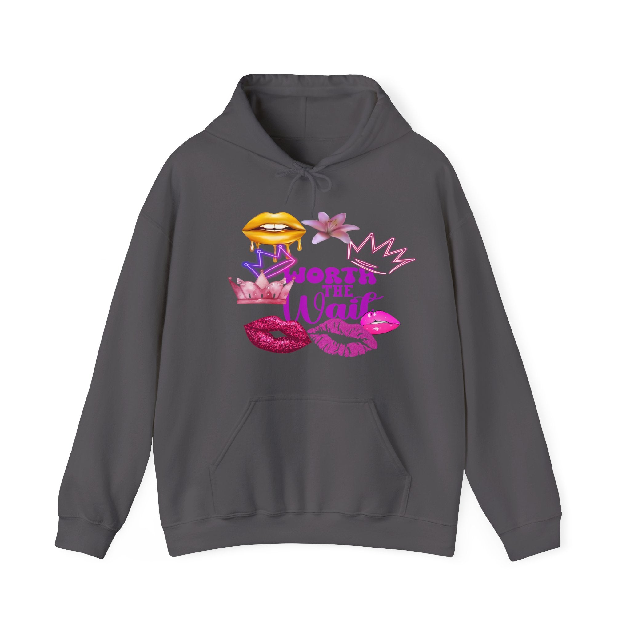 Worth the Wait Hoodie — Feminine Pink Lips & Floral Graphic Sweatshirt