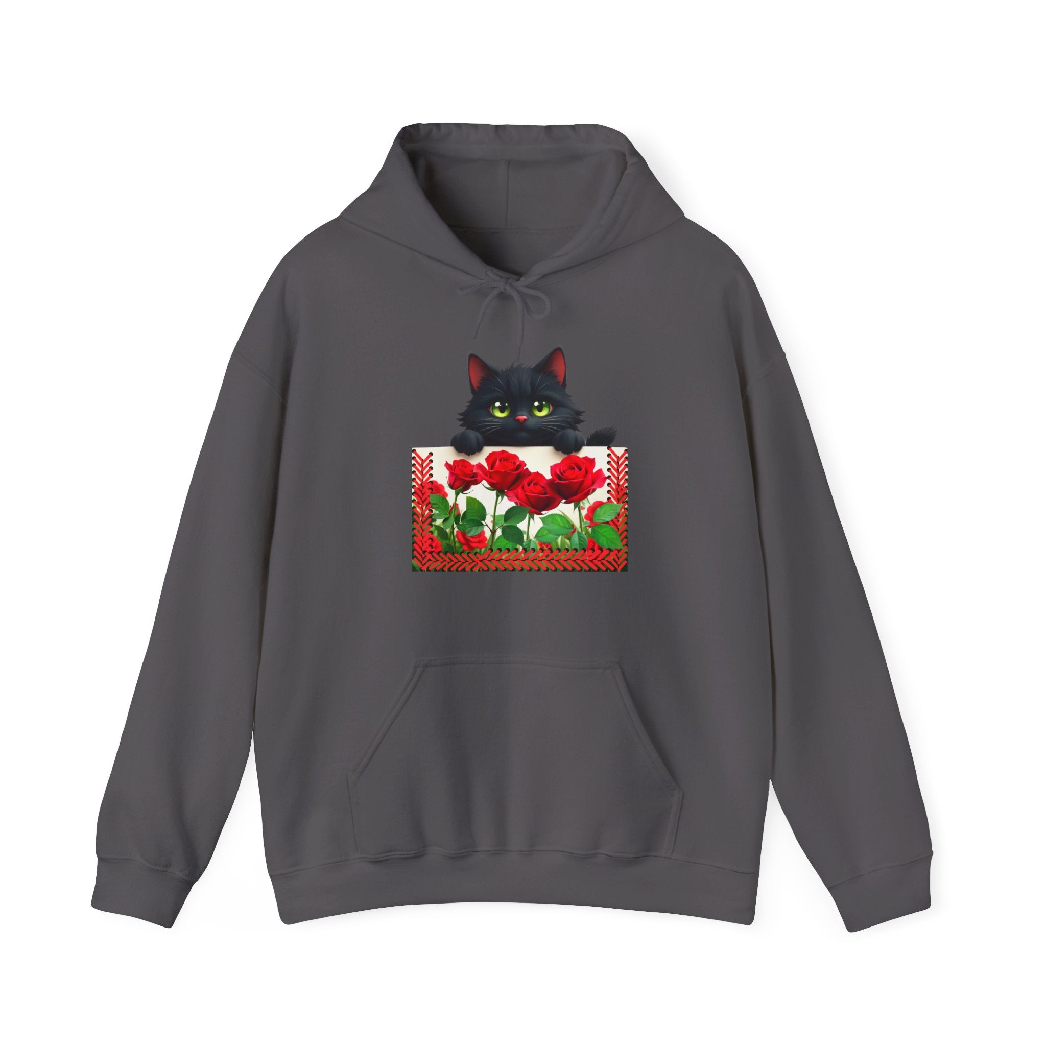 Playful Cat & Roses Hoodie, Fun Design, Cozy Everyday Wear, Gift for Cat Lovers