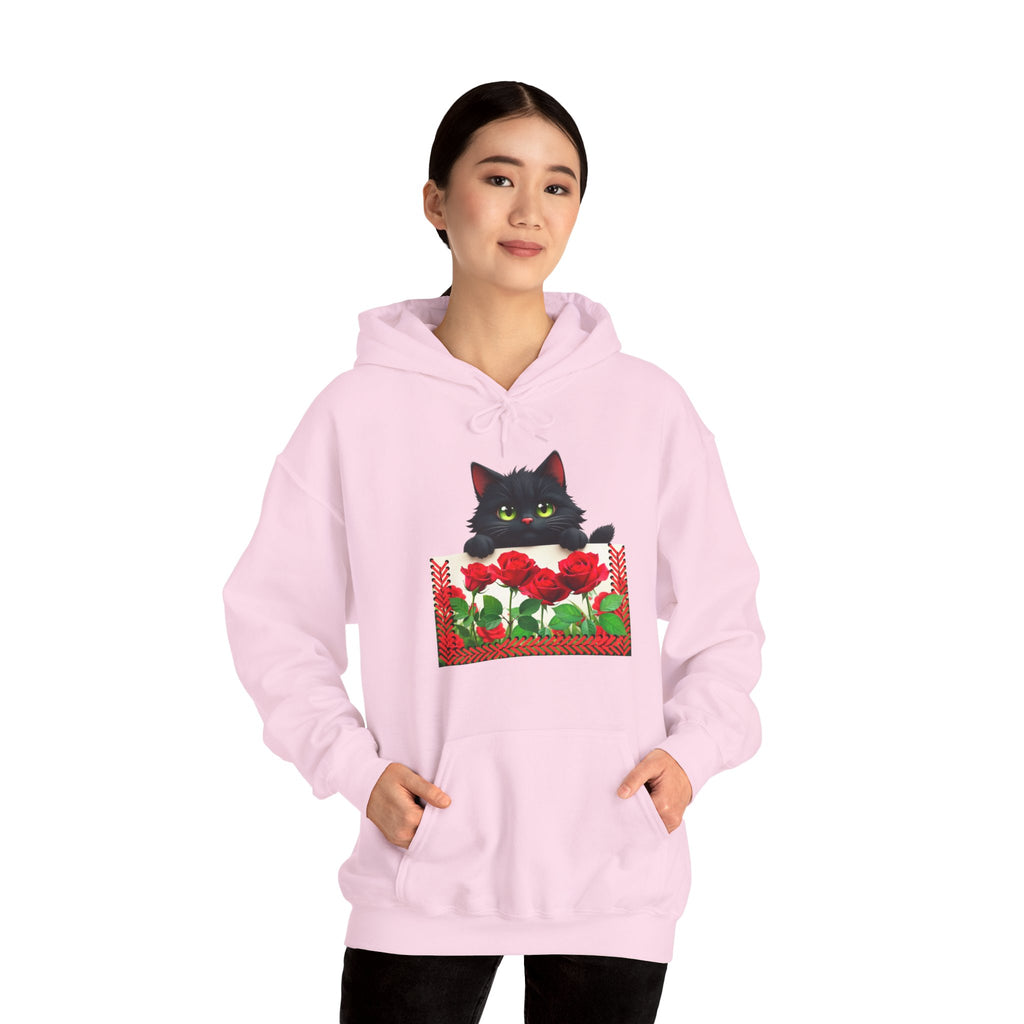 Playful Cat & Roses Hoodie, Fun Design, Cozy Everyday Wear, Gift for Cat Lovers