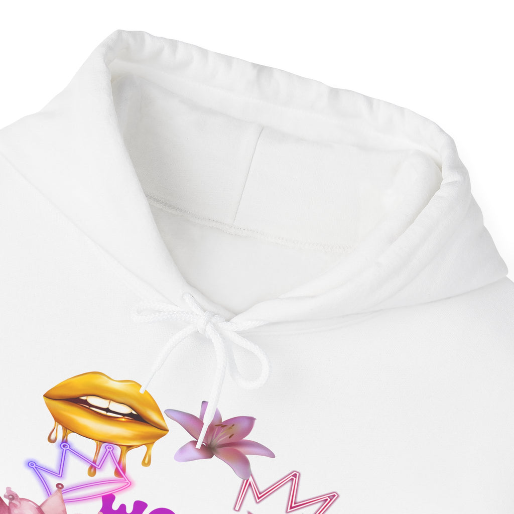 Worth the Wait Hoodie — Feminine Pink Lips & Floral Graphic Sweatshirt