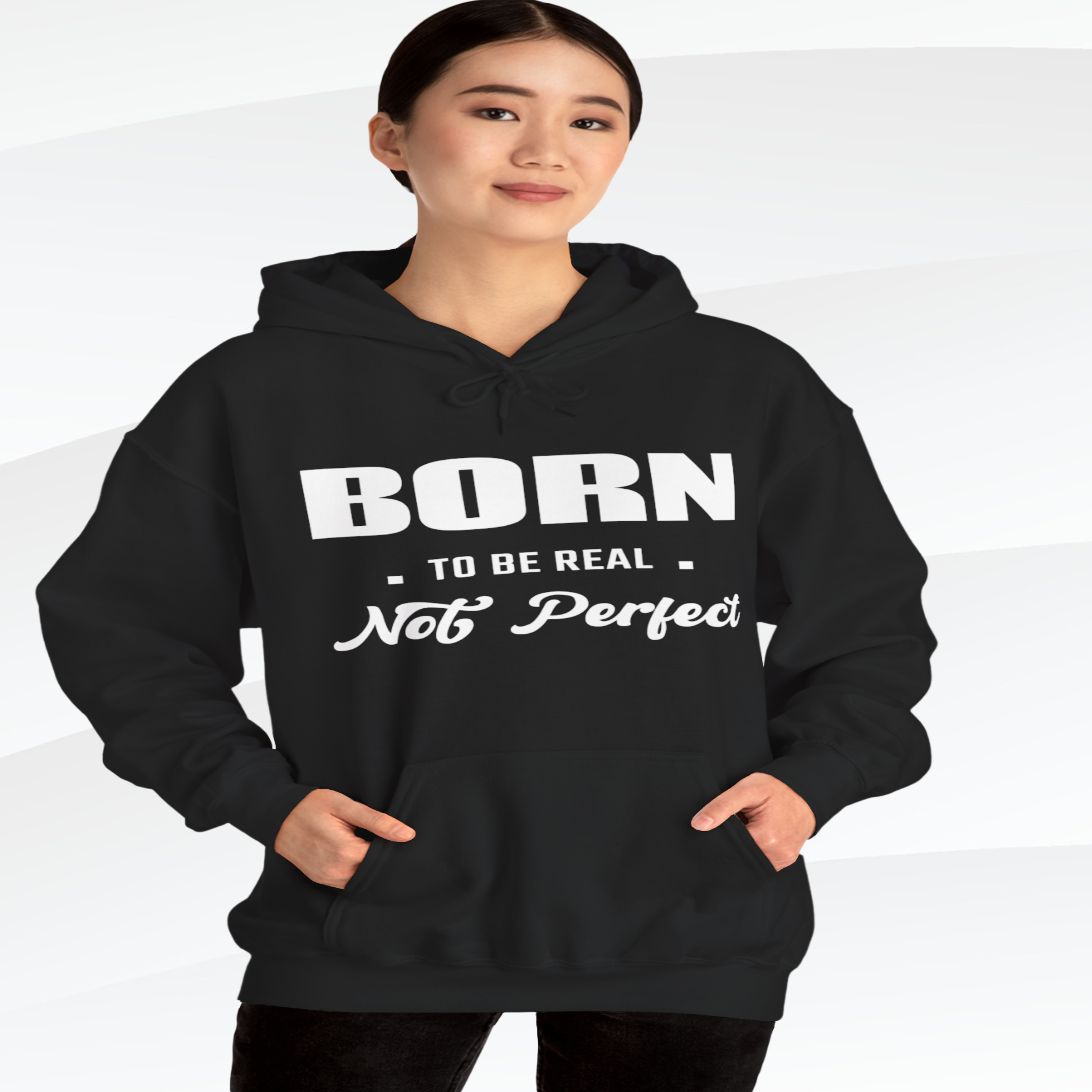 Born Real, Not Perfect, Cozy Unisex Heavy Blend Hooded Sweatshirt – Black