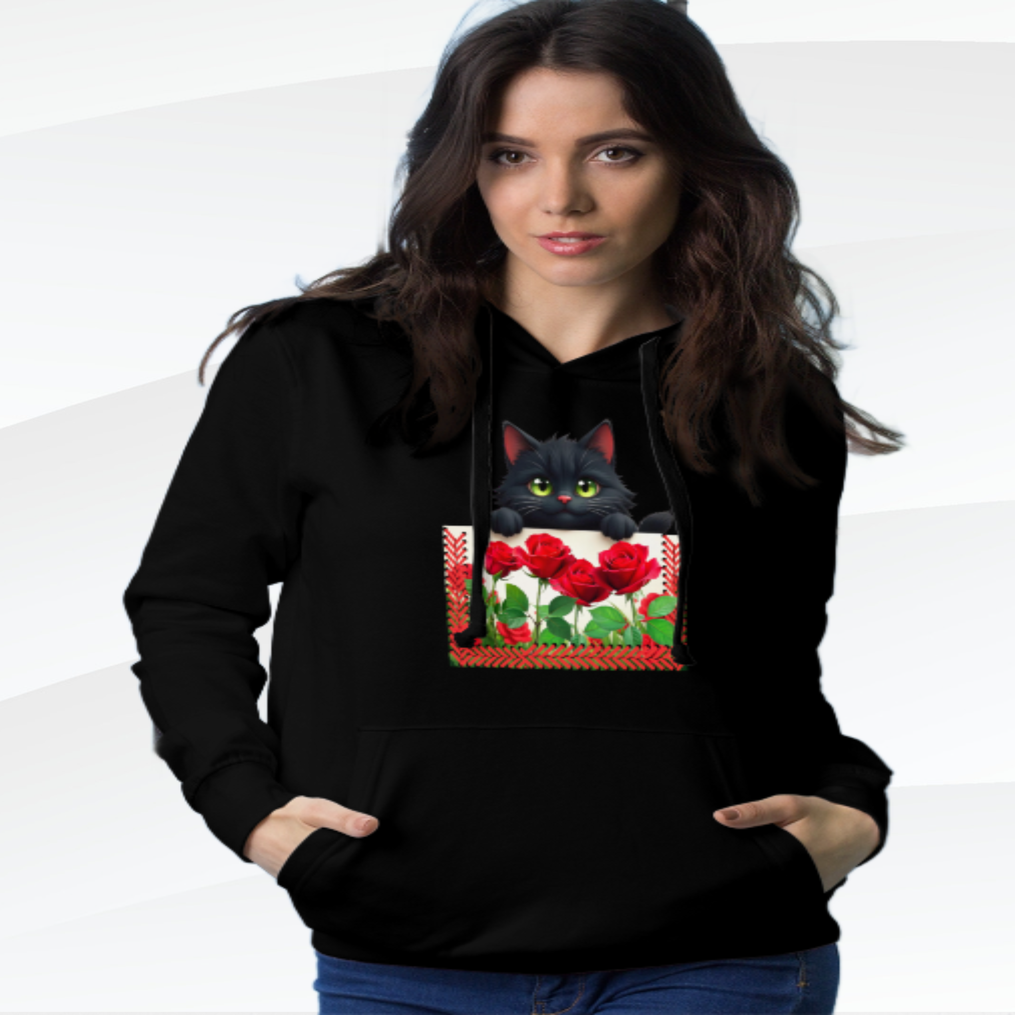 Playful Cat & Roses Hoodie, Fun Design, Cozy Everyday Wear, Gift for Cat Lovers
