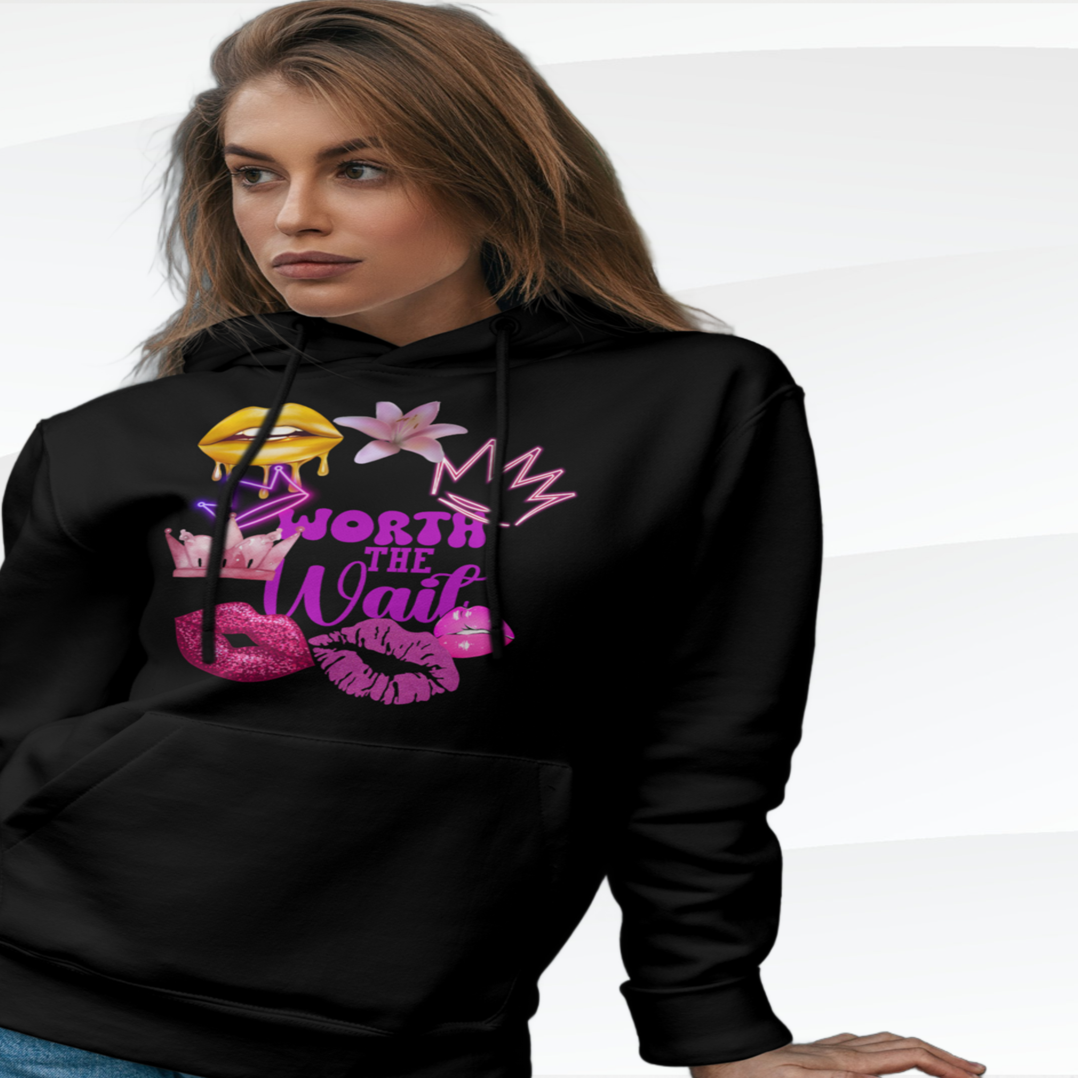 Worth the Wait Hoodie — Feminine Pink Lips & Floral Graphic Sweatshirt
