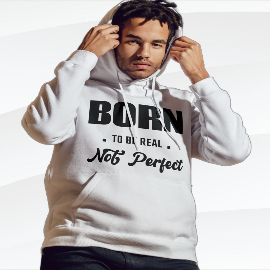 Born Real, Not Perfect, Cozy Unisex Heavy Blend Hooded Sweatshirt – White