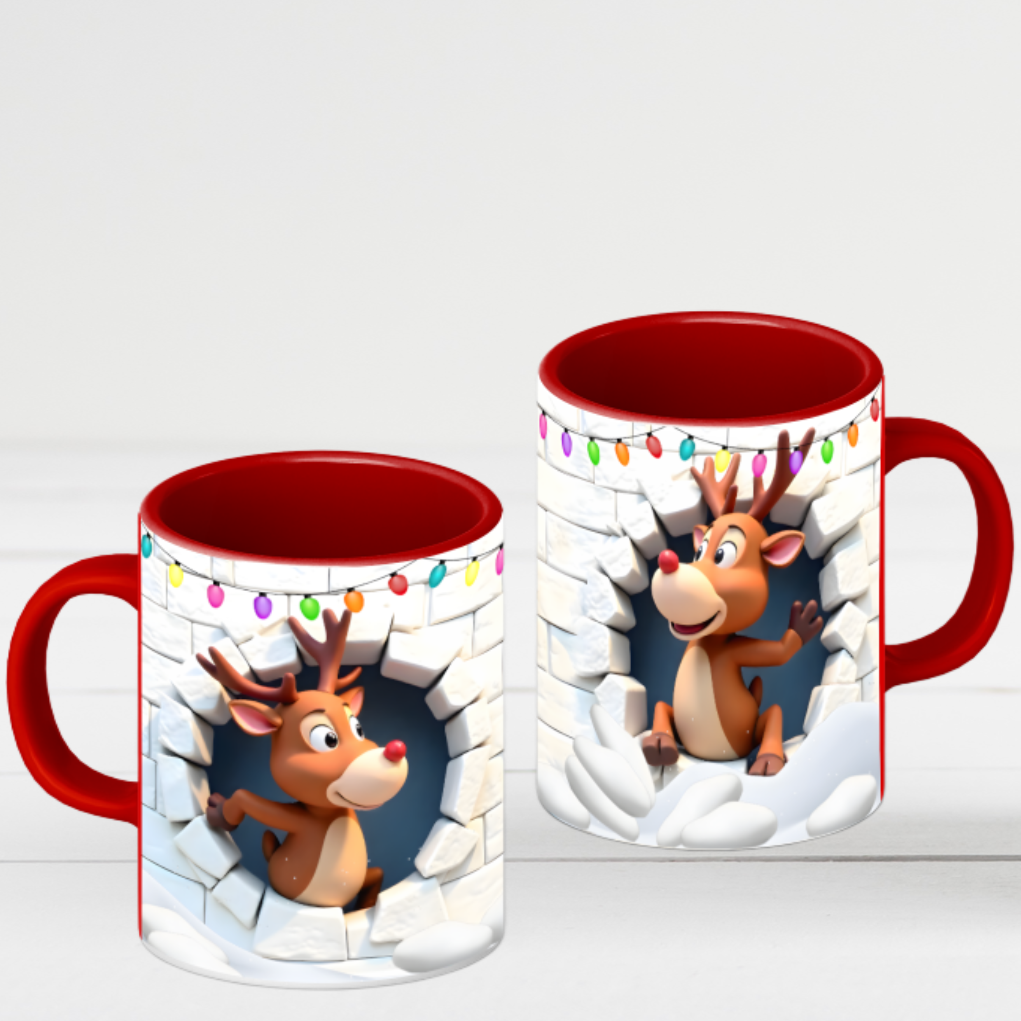 Christmas Reindeer Accent Coffee Mug – Cute Reindeer and Holiday Lights (15oz)