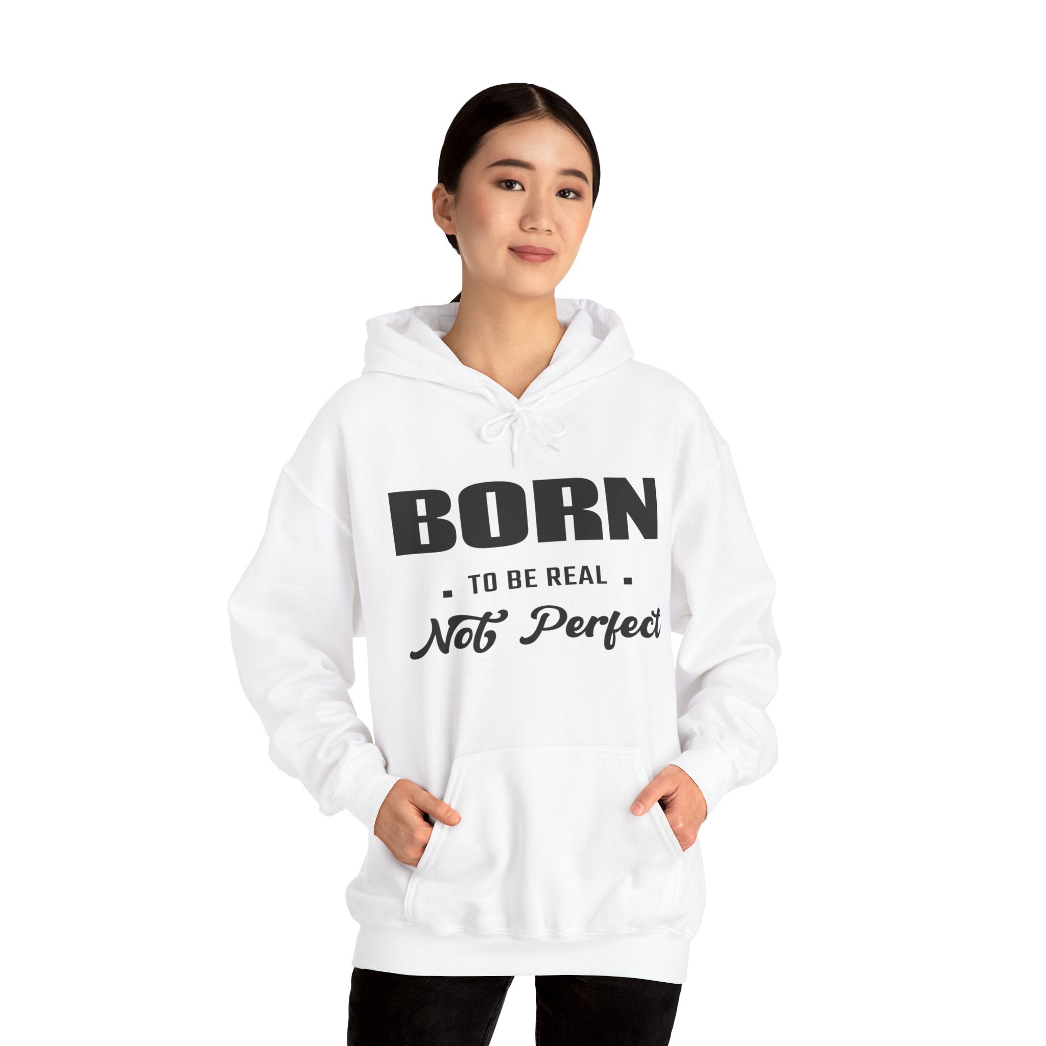 Born Real, Not Perfect, Cozy Unisex Heavy Blend Hooded Sweatshirt – White