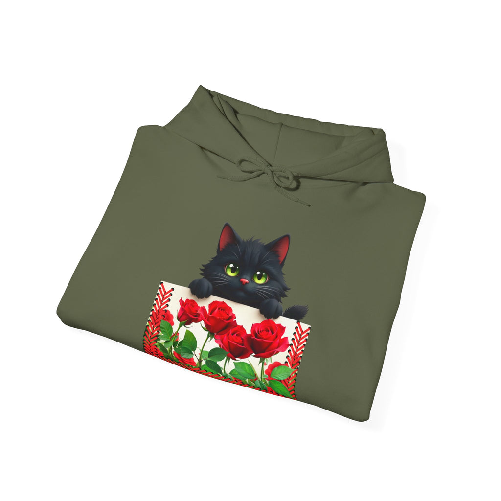 Playful Cat & Roses Hoodie, Fun Design, Cozy Everyday Wear, Gift for Cat Lovers