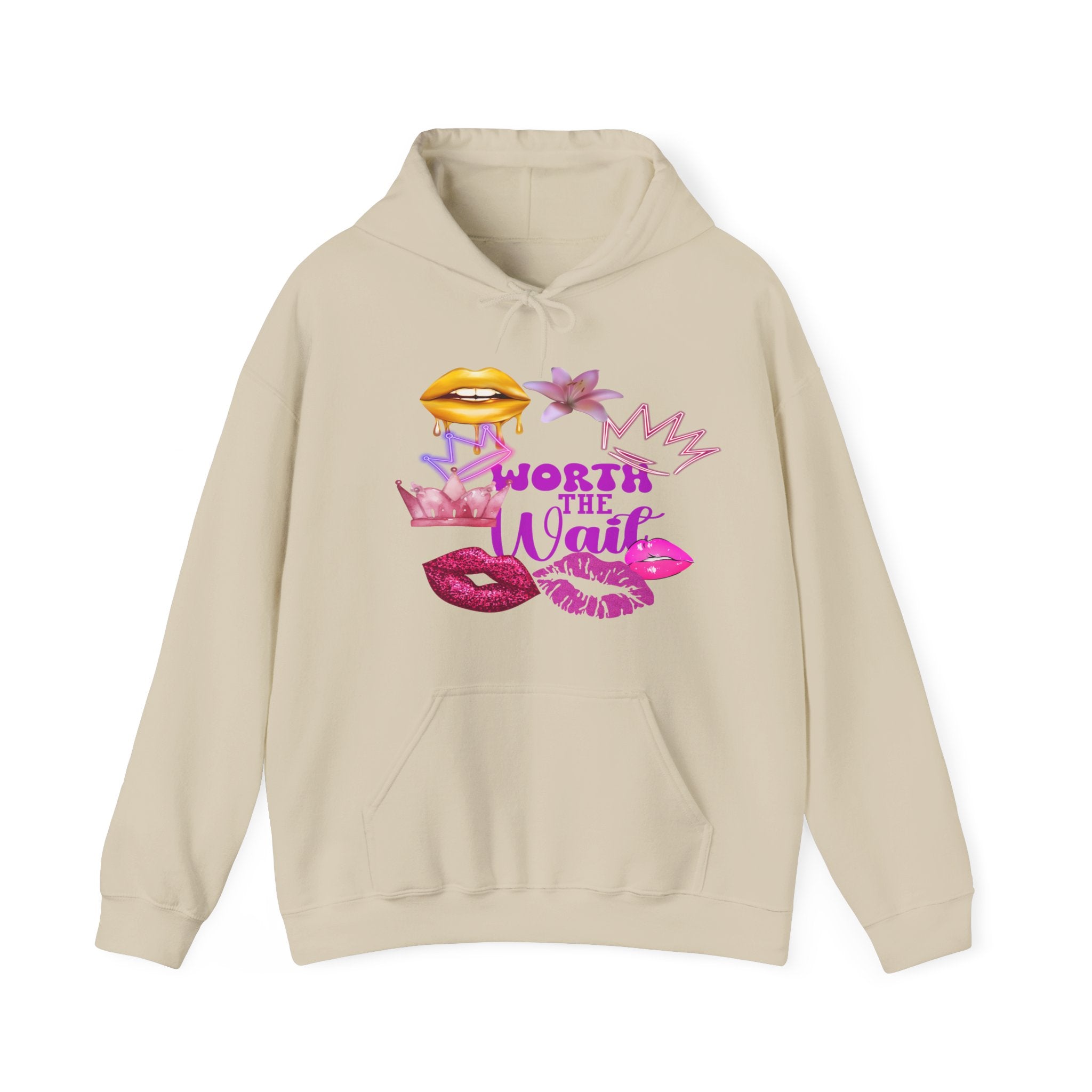 Worth the Wait Hoodie — Feminine Pink Lips & Floral Graphic Sweatshirt