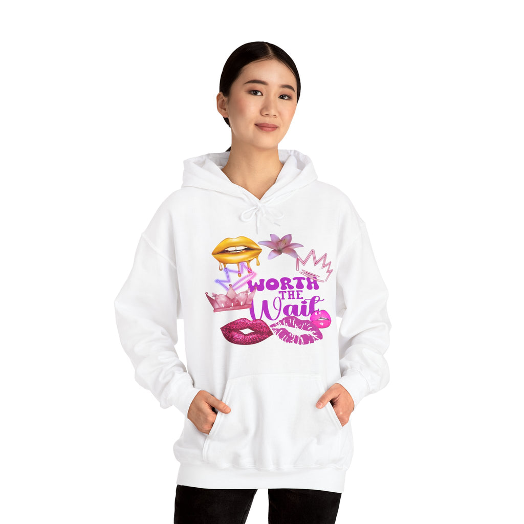 Worth the Wait Hoodie — Feminine Pink Lips & Floral Graphic Sweatshirt