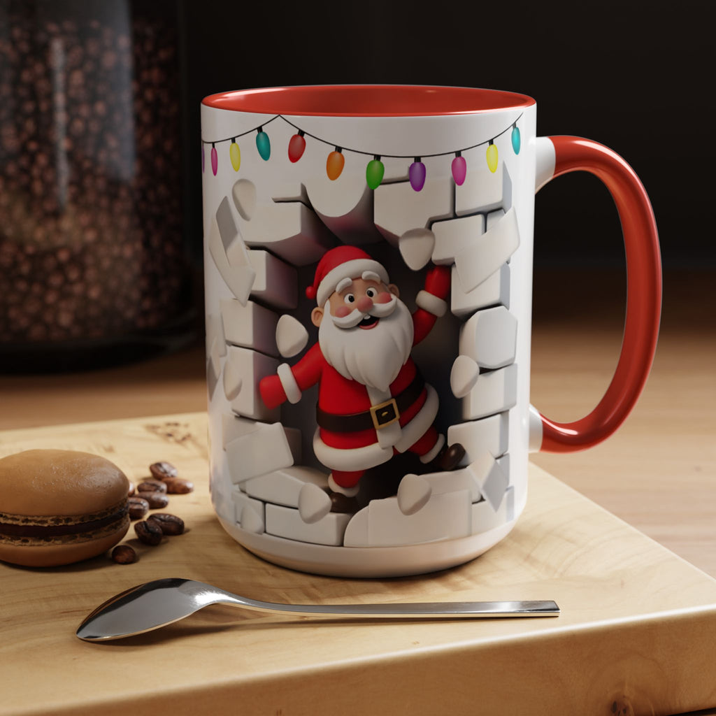 Santa Breaking Through Wall Accent Coffee Mug — Festive Christmas Holiday Gift (15oz)