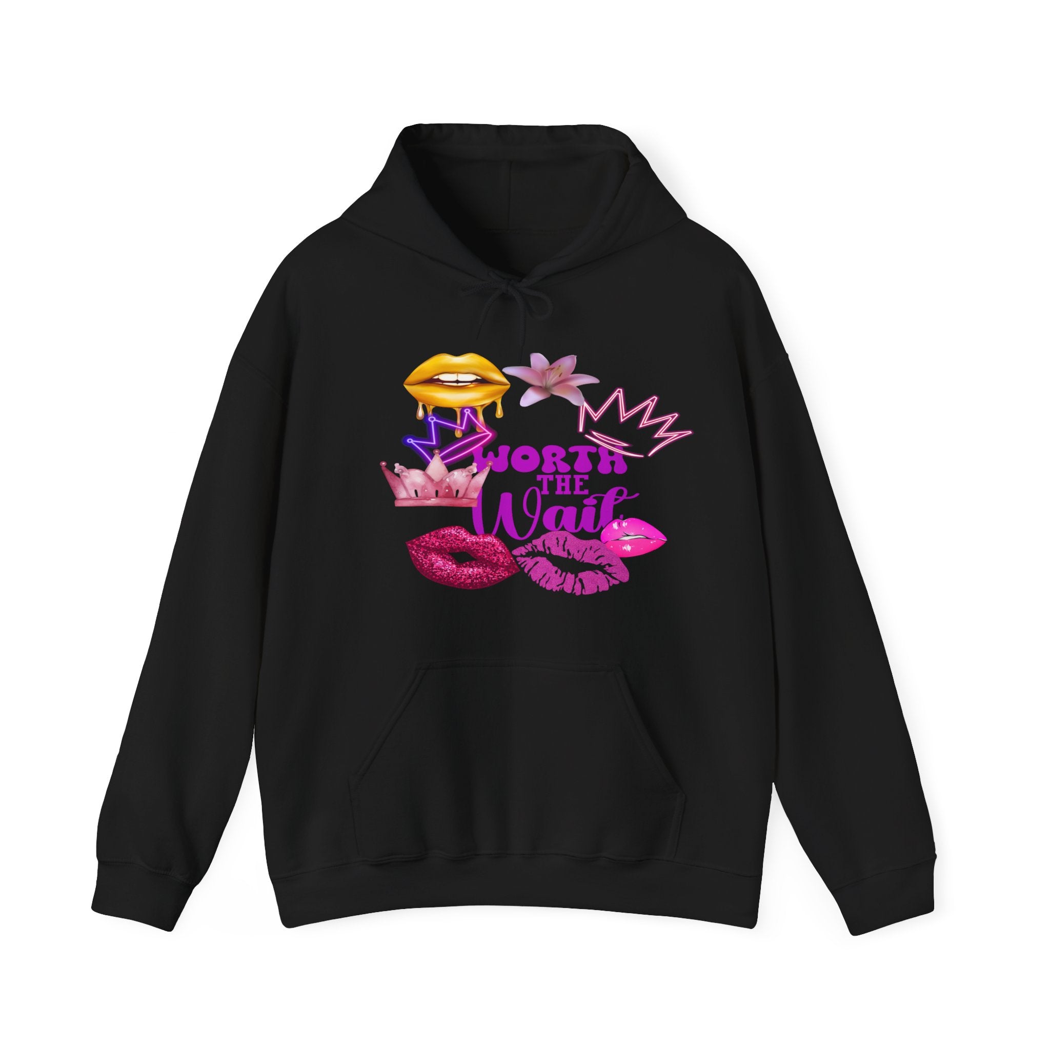 Worth the Wait Hoodie — Feminine Pink Lips & Floral Graphic Sweatshirt