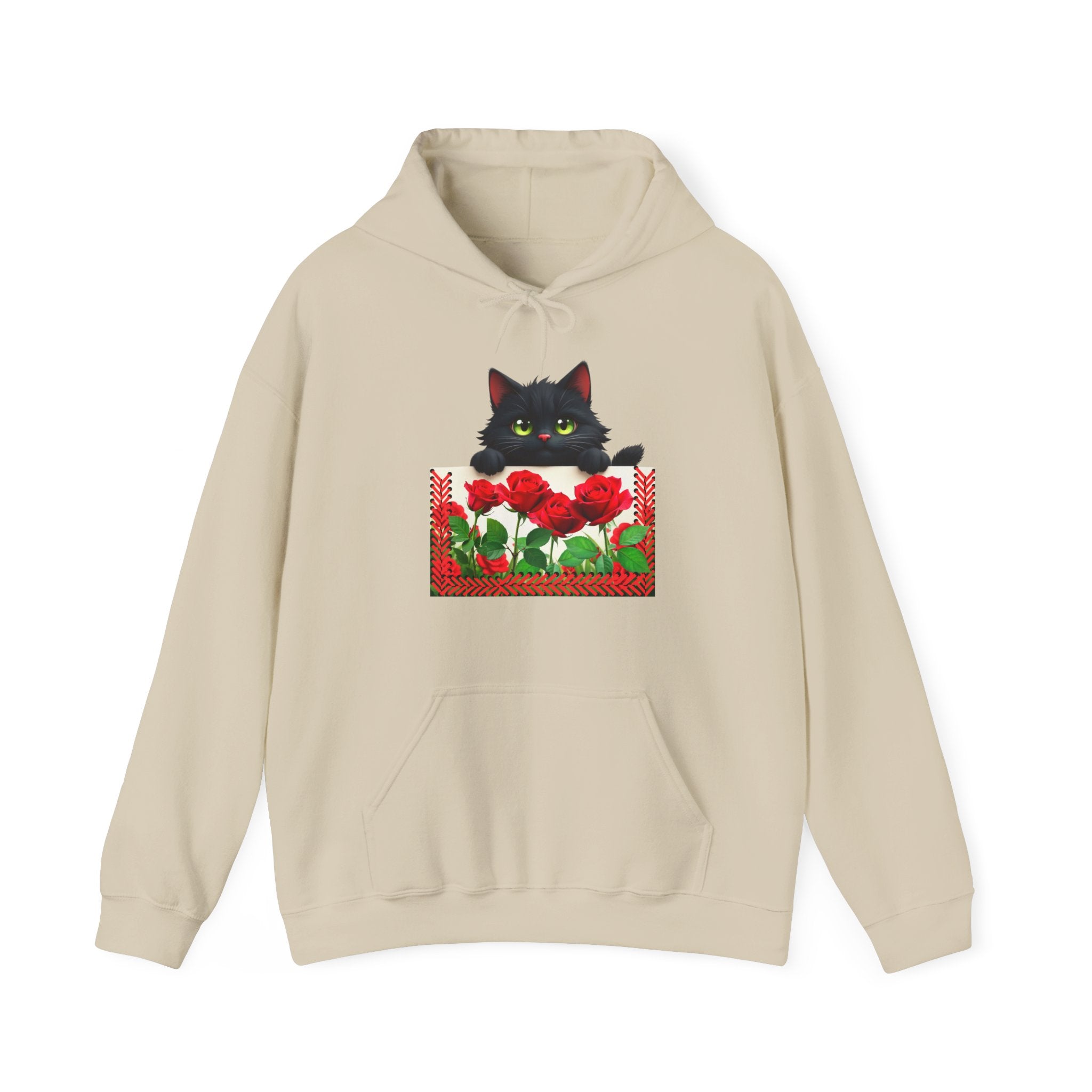 Playful Cat & Roses Hoodie, Fun Design, Cozy Everyday Wear, Gift for Cat Lovers
