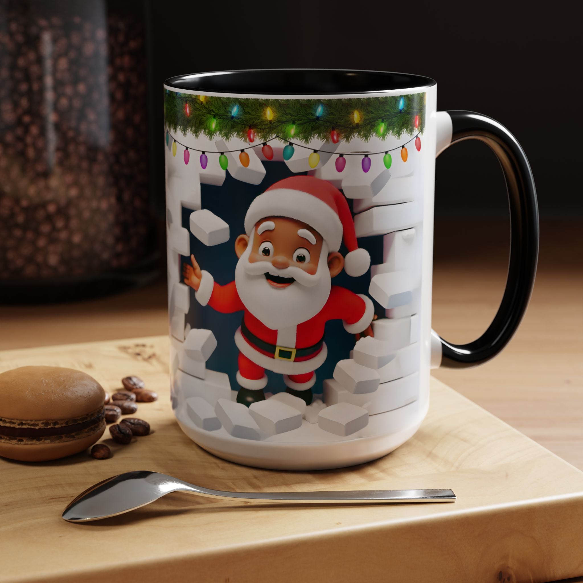 Christmas Santa Accent Coffee Mug — Festive Lights & Jolly Santa Holiday Gift (15oz)