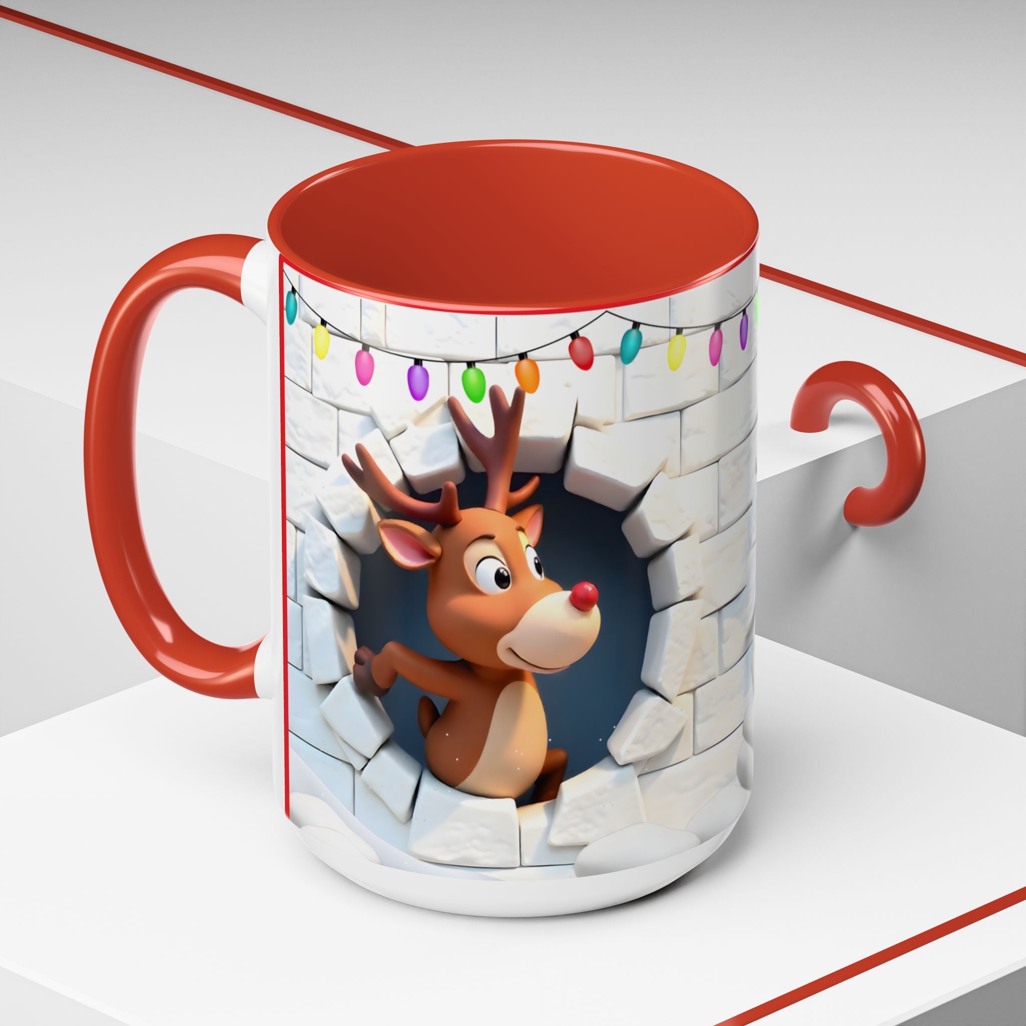 Christmas Reindeer Accent Coffee Mug – Cute Santa Chimney Break, Holiday Lights (15oz)